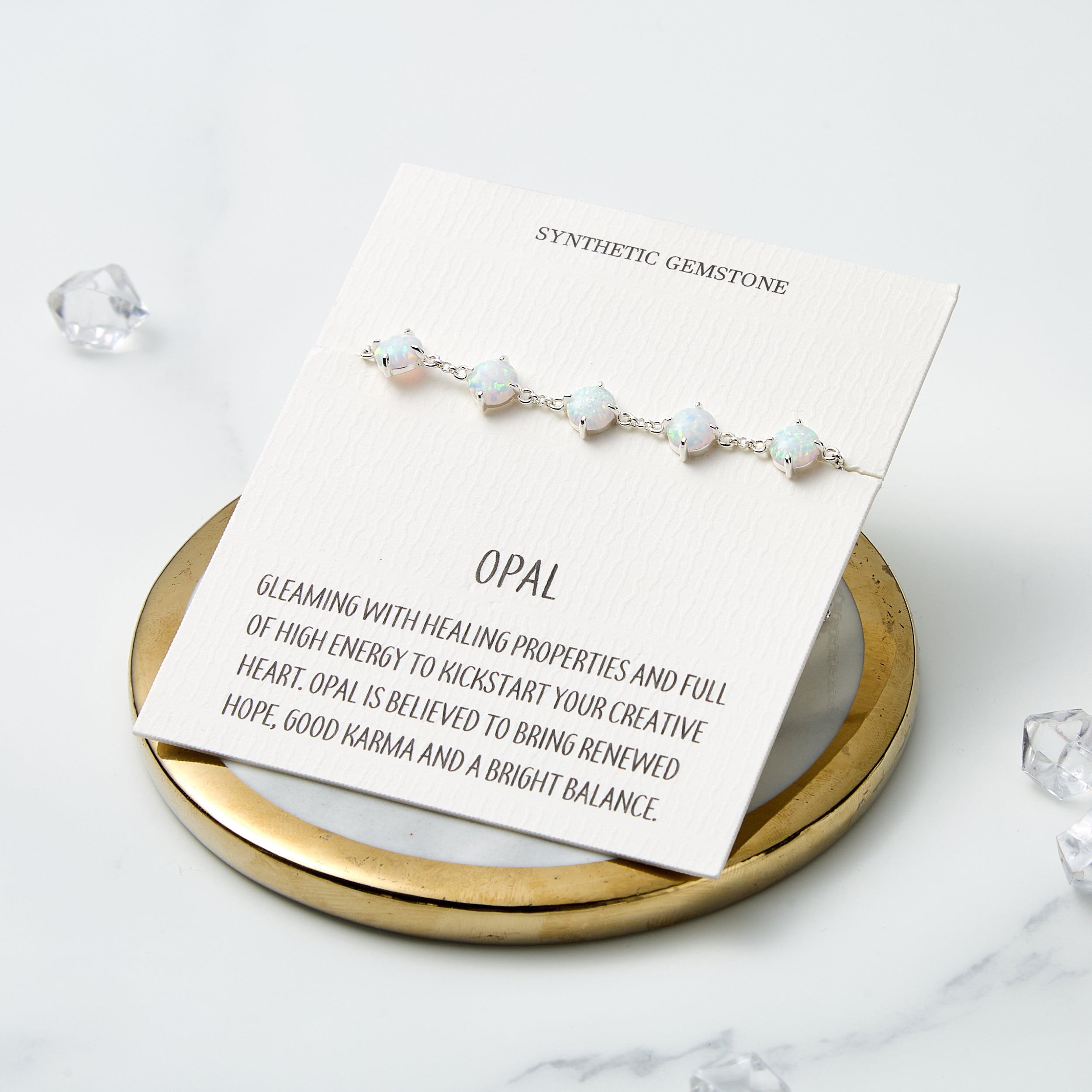 Synthetic White Opal Gemstone Bracelet with Quote Card