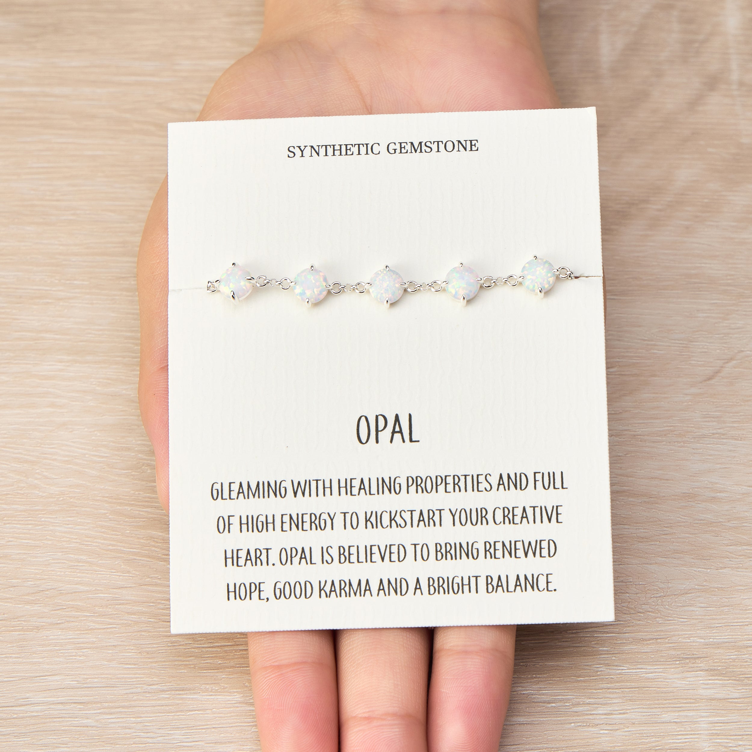 Synthetic White Opal Gemstone Bracelet with Quote Card