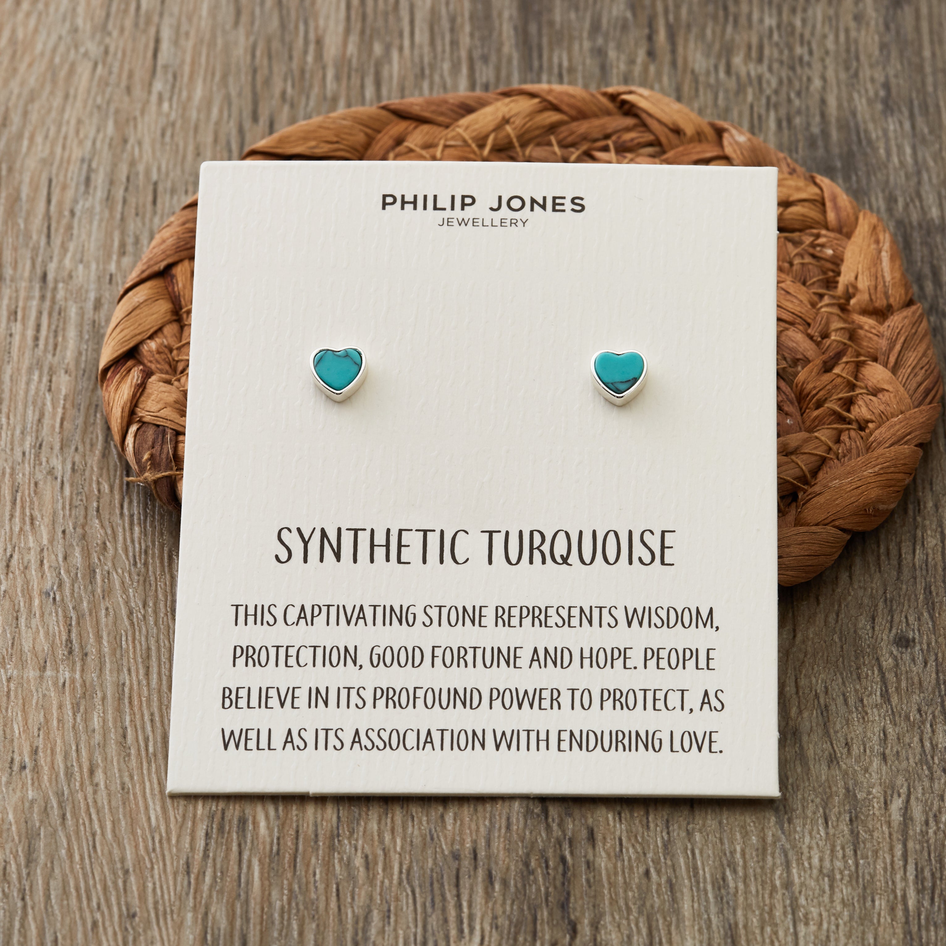 Synthetic Turquoise Heart Stud Earrings with Quote Card