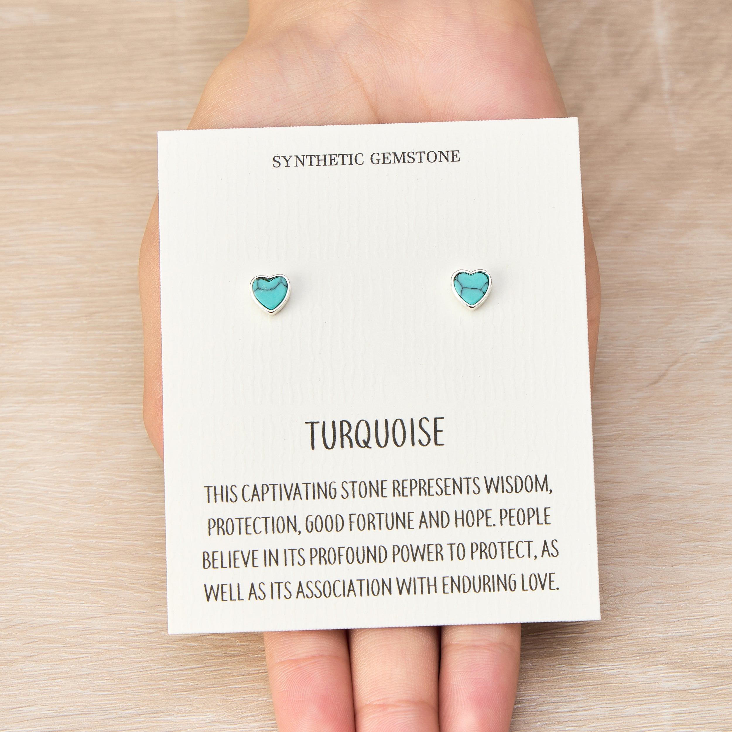 Synthetic Turquoise Heart Stud Earrings with Quote Card