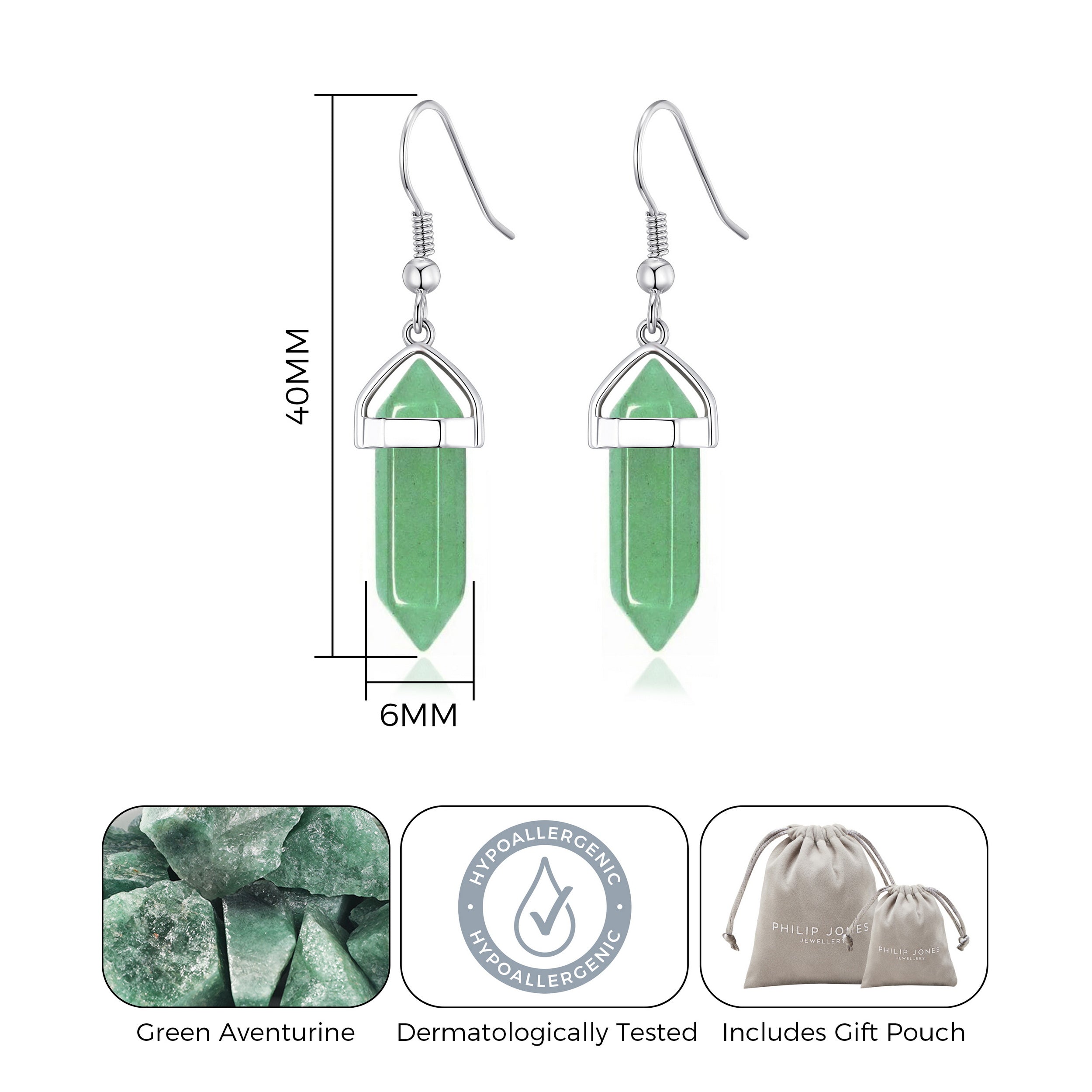 Green Aventurine Gemstone Drop Earrings with Quote Card