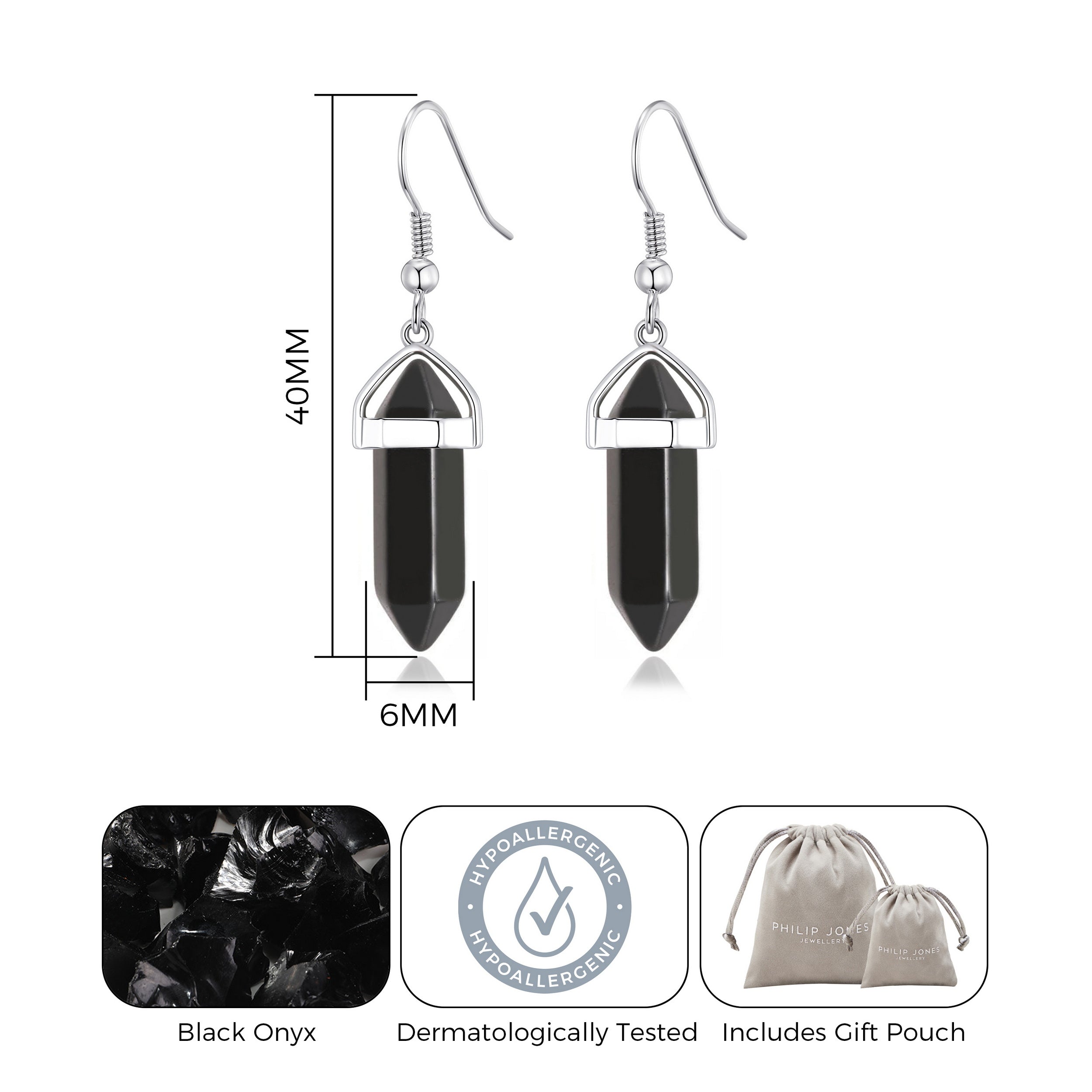 Black Onyx Gemstone Drop Earrings with Quote Card