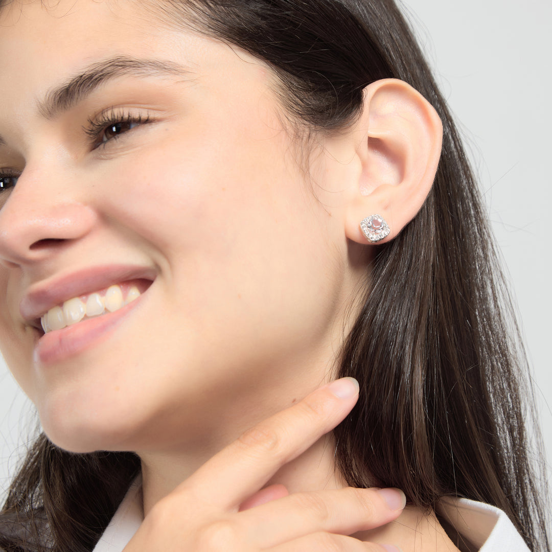 Silver Plated Square Halo Earrings Created with Zircondia® Crystals