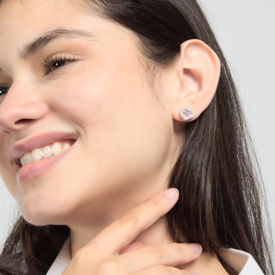 Silver Plated Square Halo Earrings Created with Zircondia® Crystals