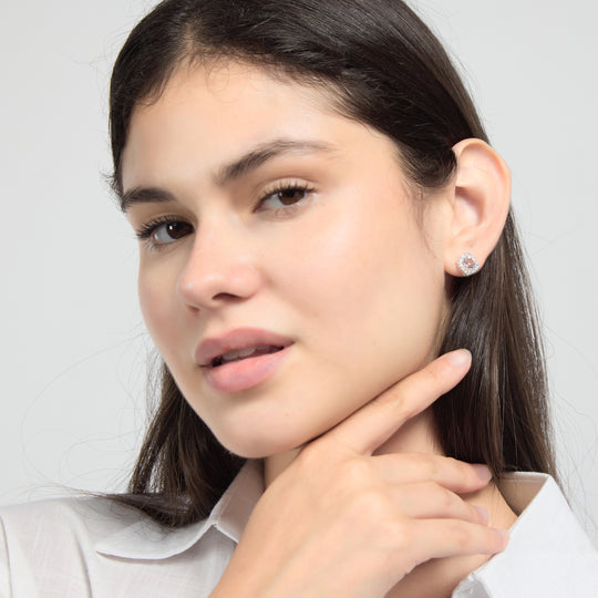 Silver Plated Square Halo Earrings Created with Zircondia® Crystals