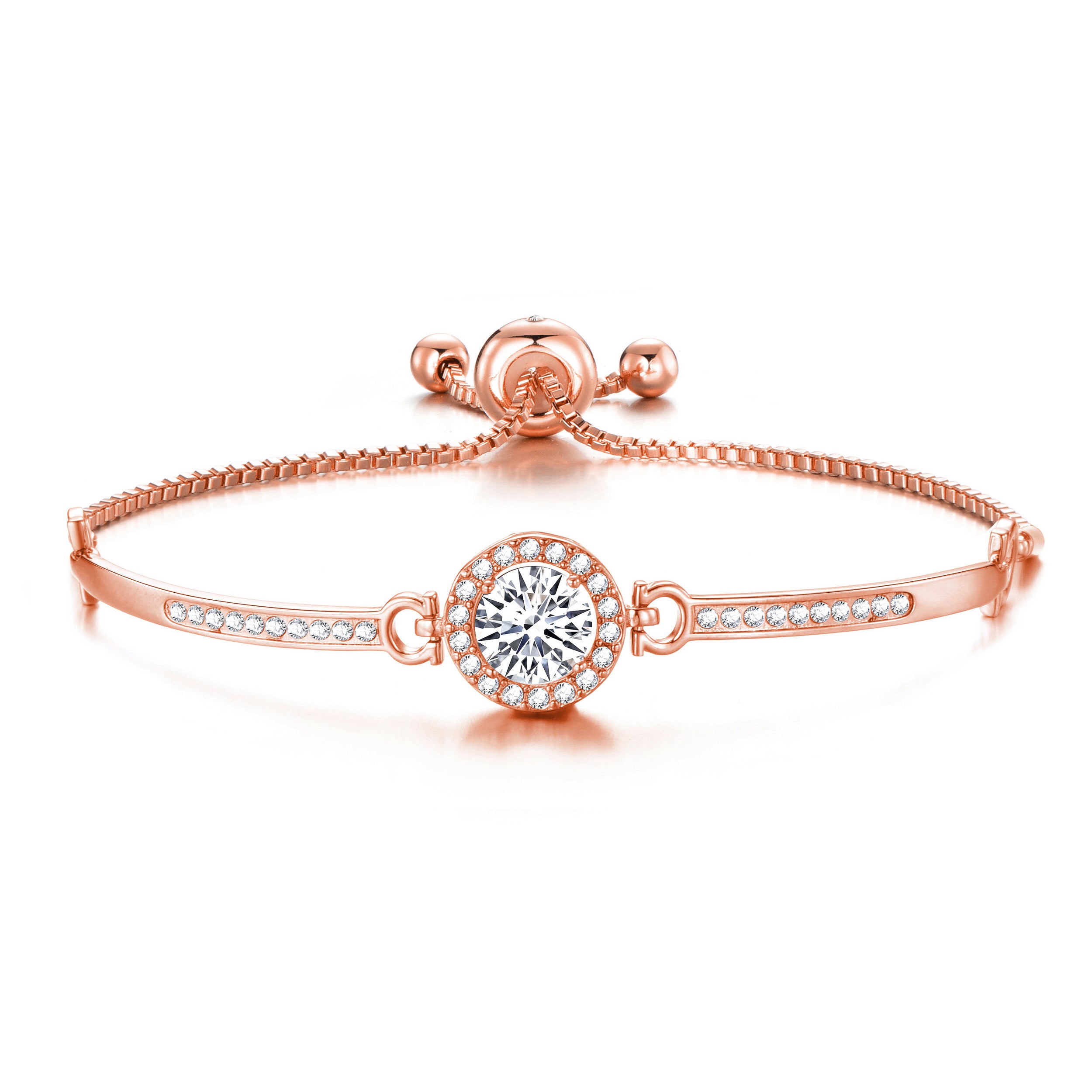 Rose Gold Plated Halo Friendship Bracelet Created with Zircondia® Crystals by Philip Jones Jewellery