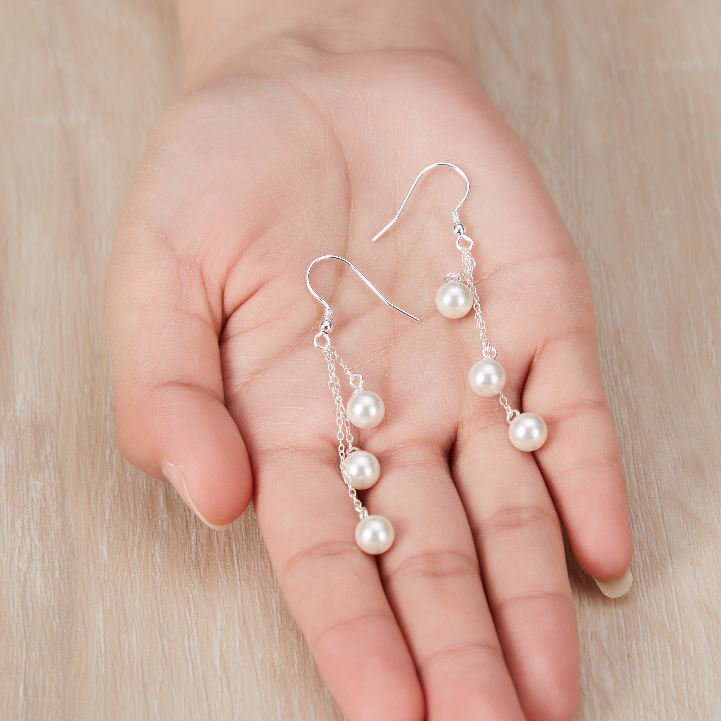 Sterling Silver Triple White Pearl Drop Earrings