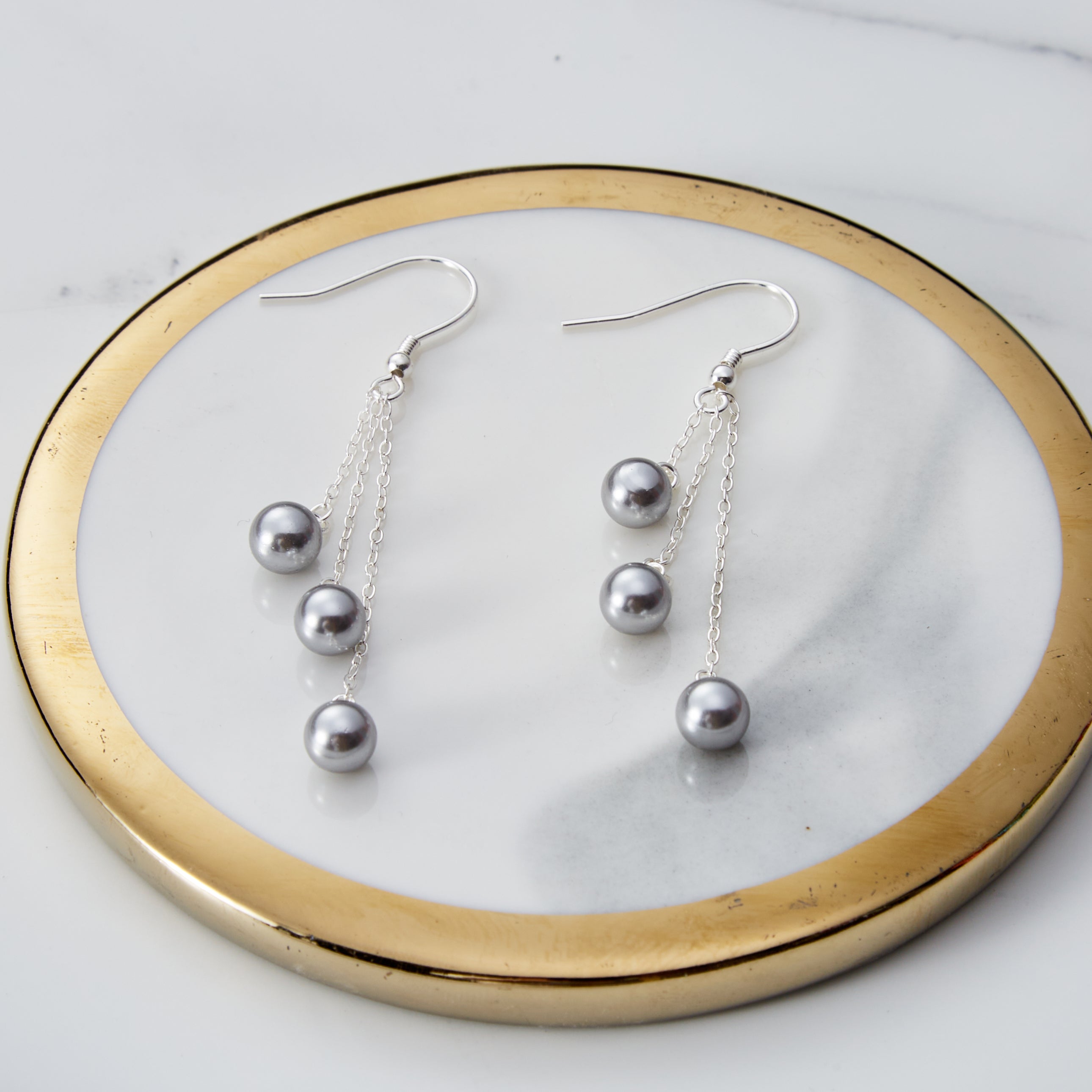 Sterling Silver Triple Grey Pearl Drop Earrings