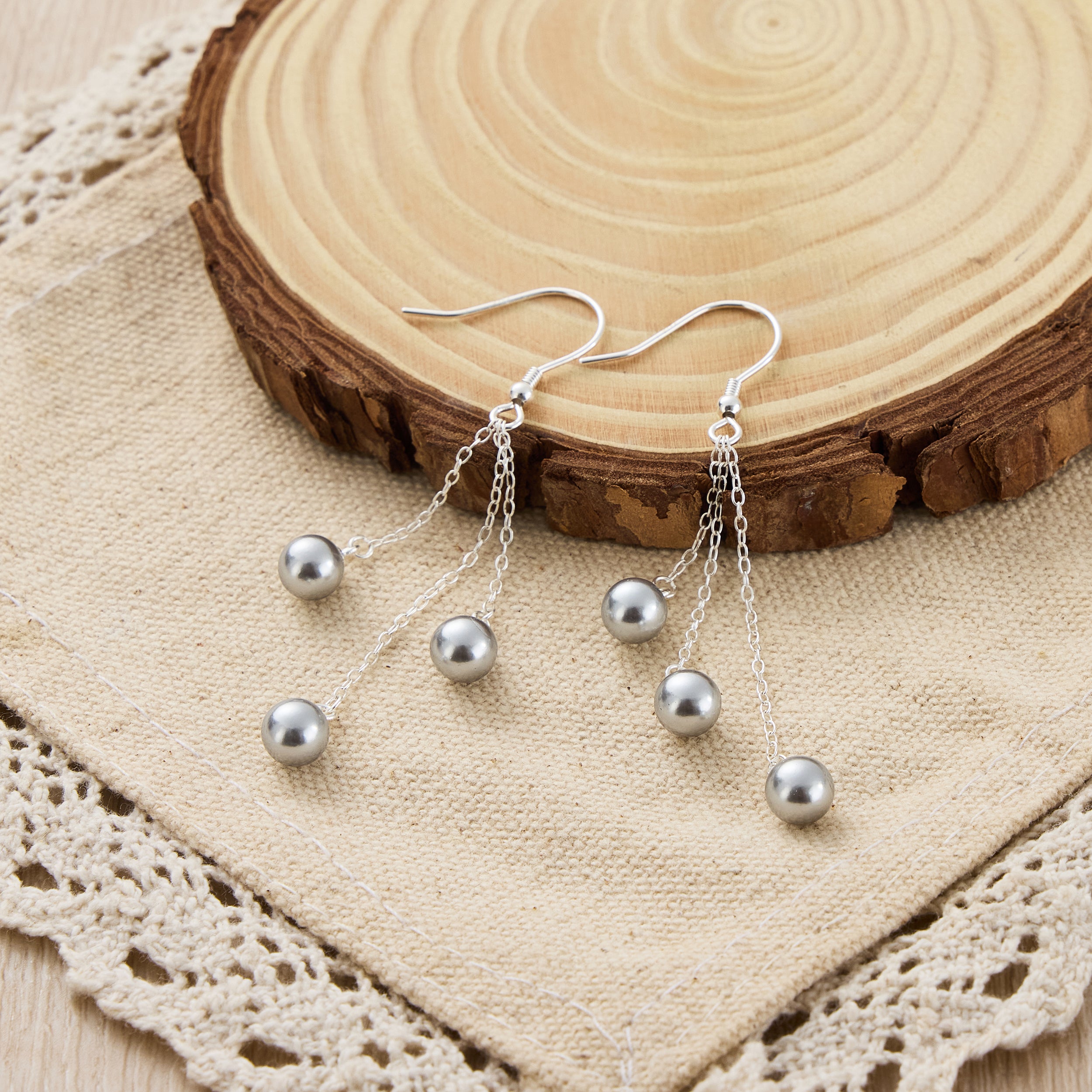 Sterling Silver Triple Grey Pearl Drop Earrings