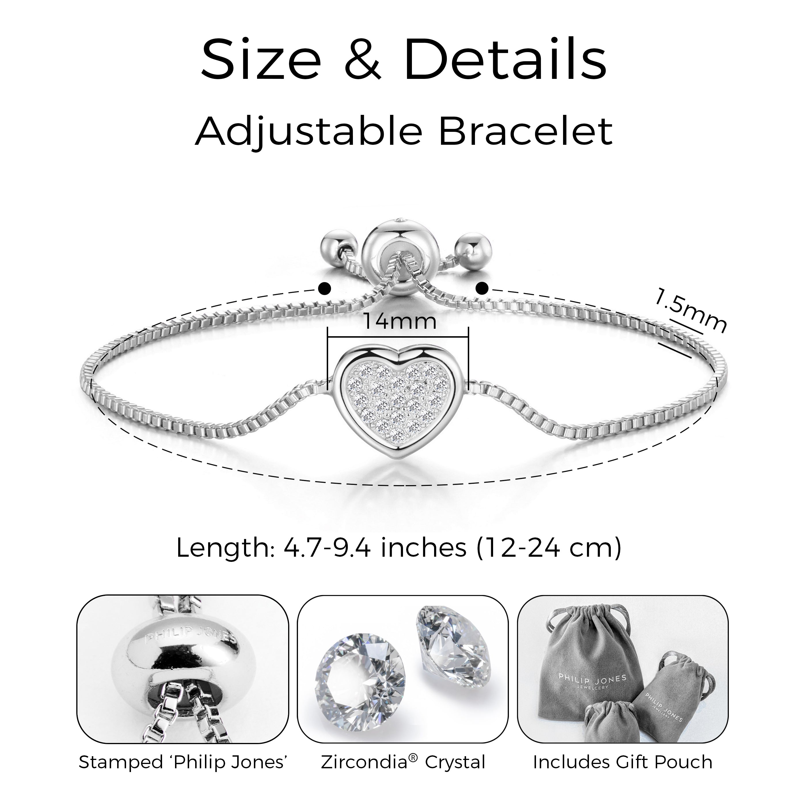 Silver Plated Pave Heart Friendship Bracelet Created with Zircondia® Crystals