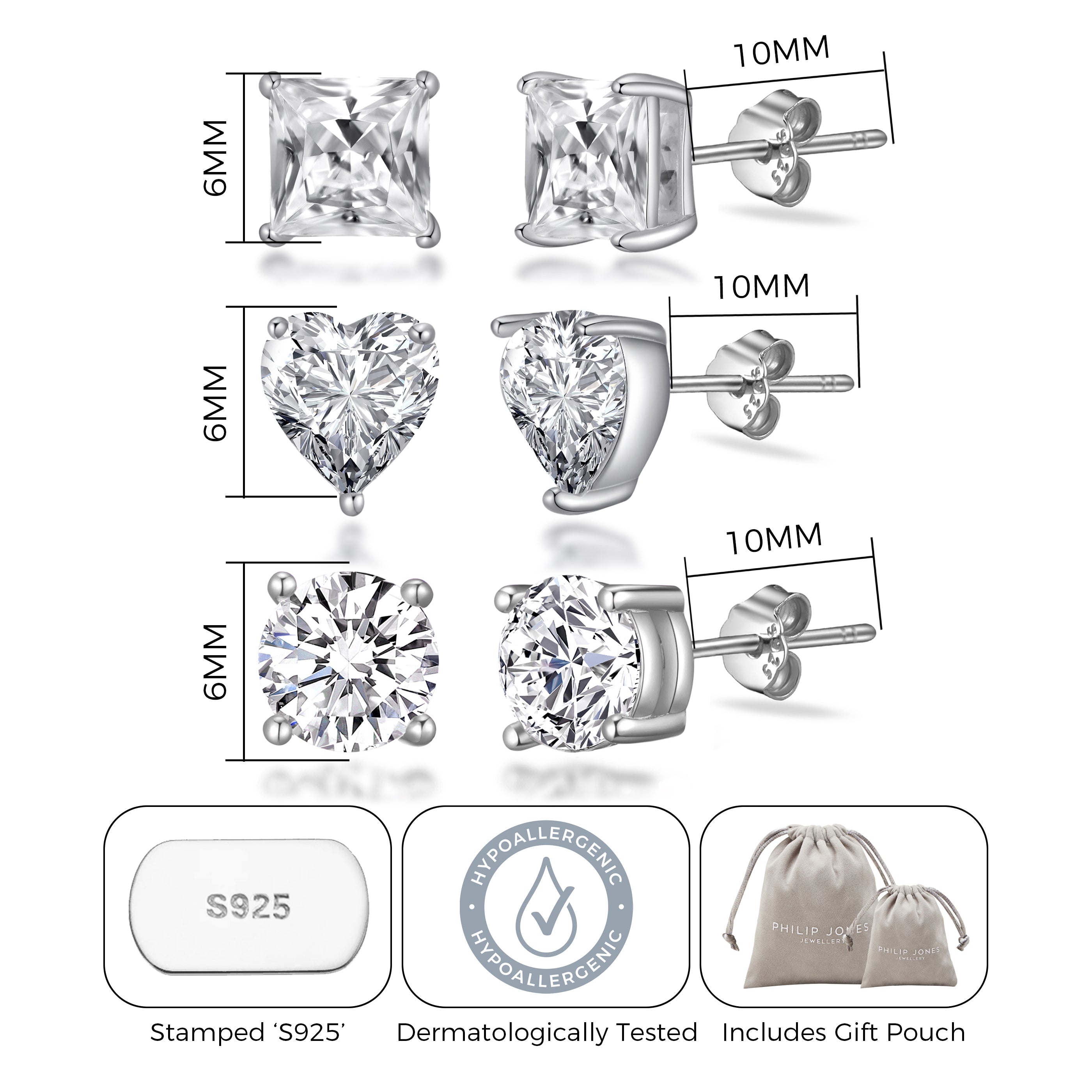 3 Pairs of Sterling Silver Shaped Earrings Created with Zircondia® Crystals