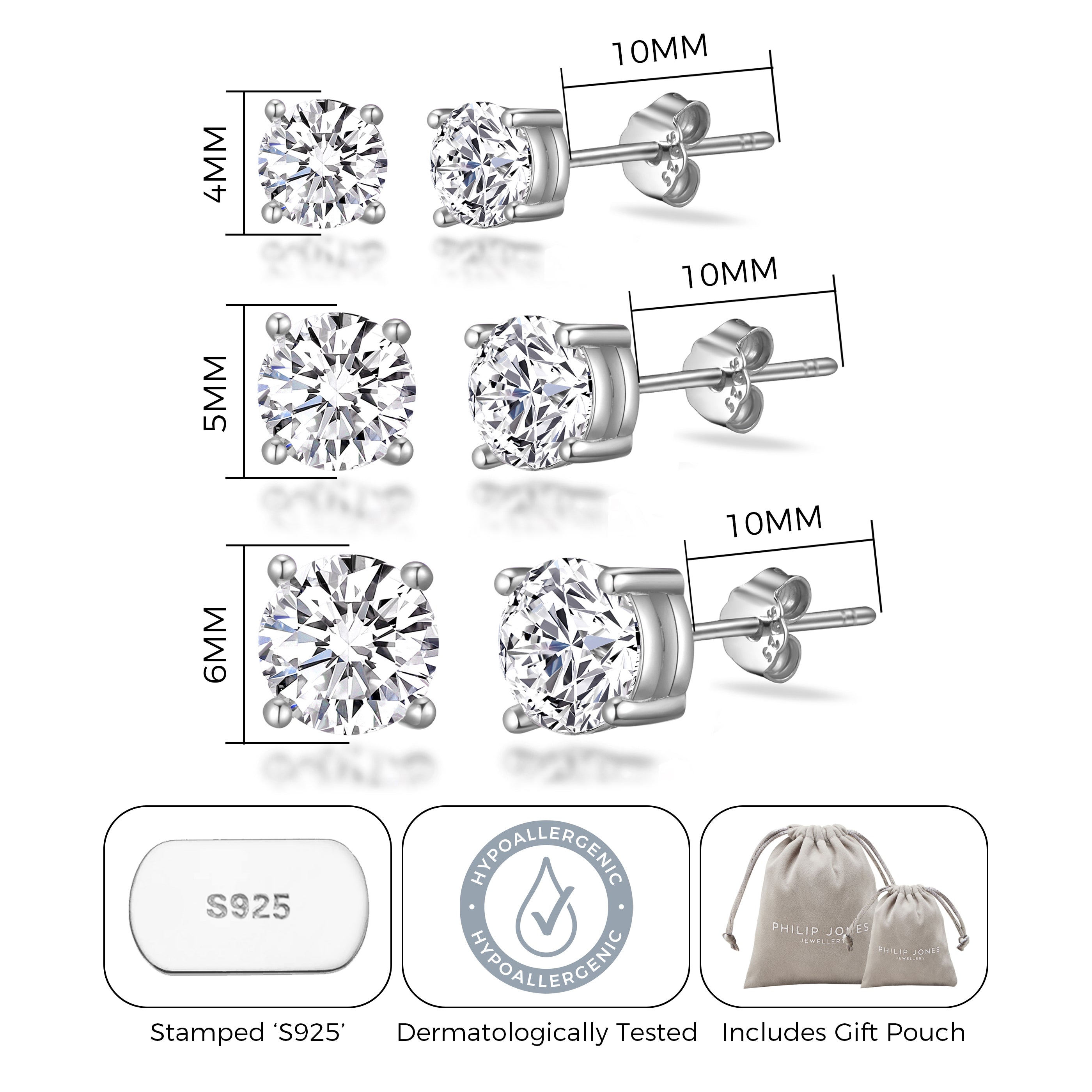 Sterling Silver 3 Pack of 4, 5, and 6mm Earrings Created with Zircondia® Crystals