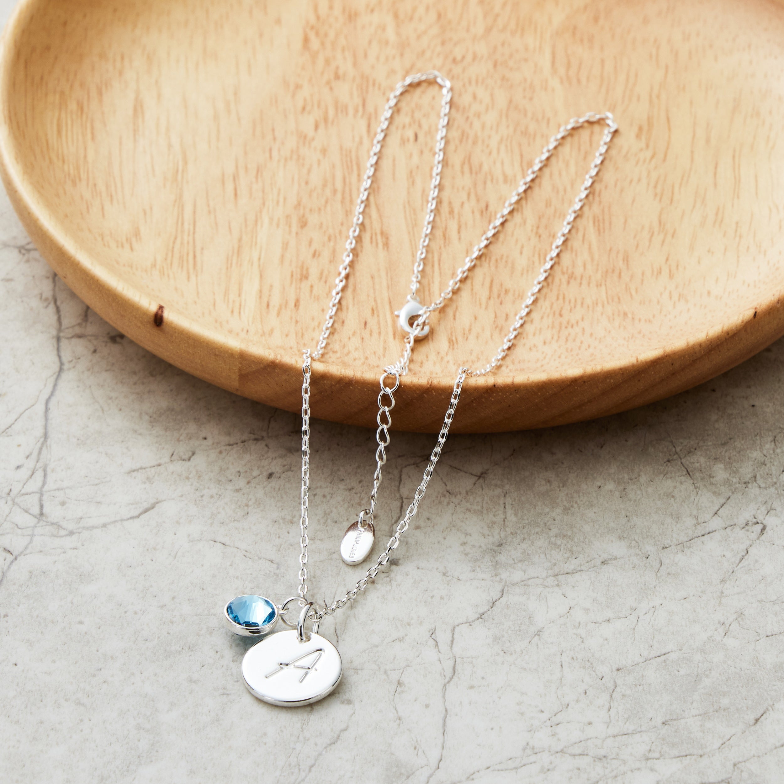 March (Aquamarine) Birthstone Necklace with Initial Charm (A to Z) Created with Zircondia® Crystals
