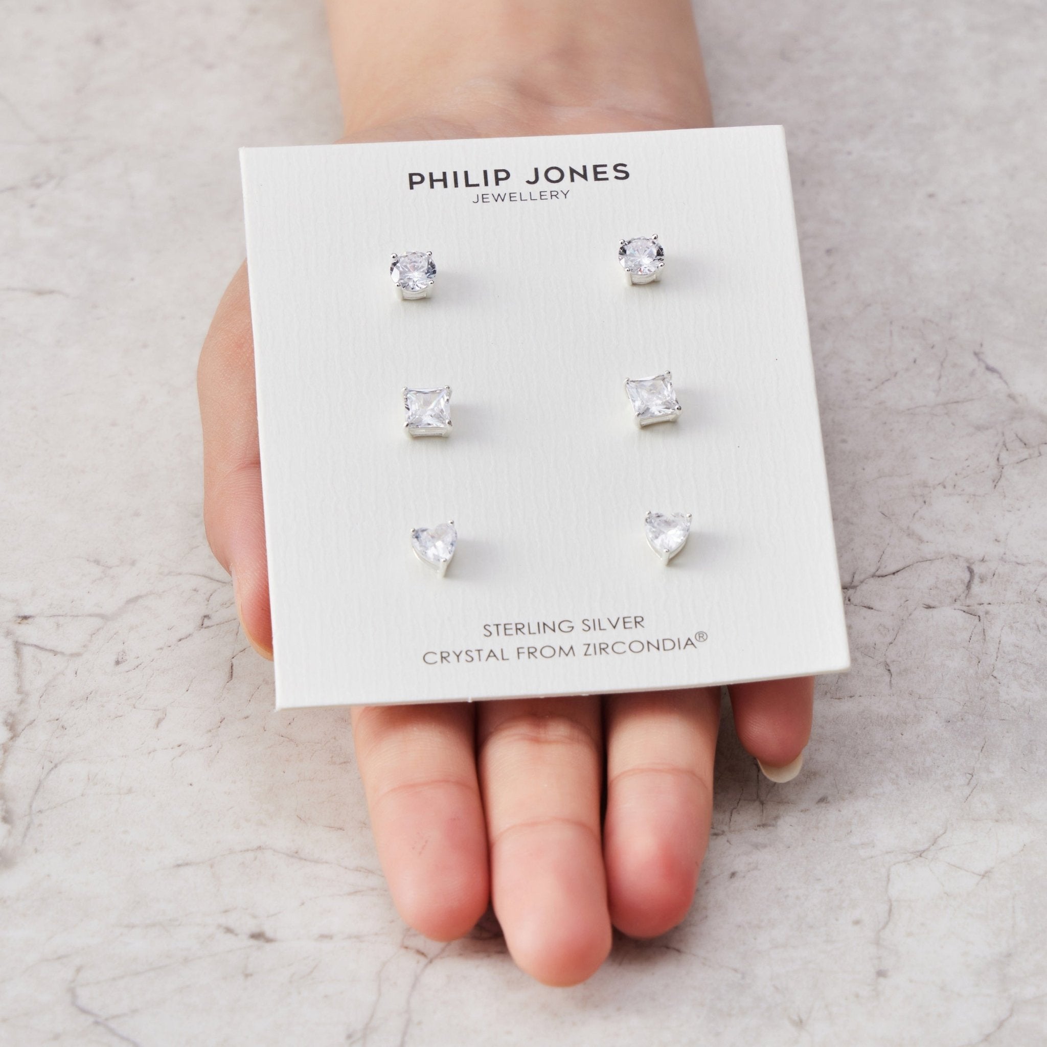 3 Pairs of Sterling Silver Shaped Earrings Created with Zircondia® Crystals - Philip Jones Jewellery