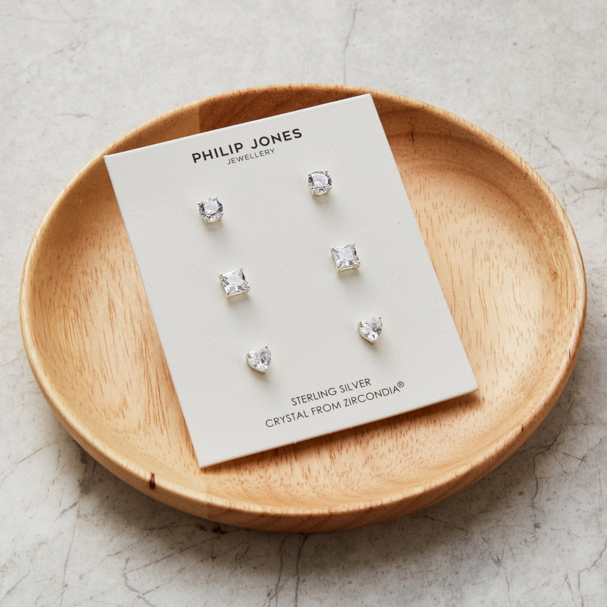 3 Pairs of Sterling Silver Shaped Earrings Created with Zircondia® Crystals - Philip Jones Jewellery