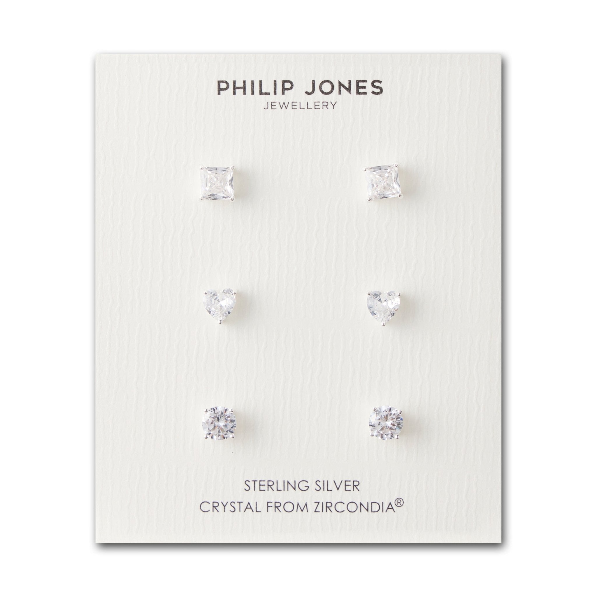 3 Pairs of Sterling Silver Shaped Earrings Created with Zircondia® Crystals - Philip Jones Jewellery