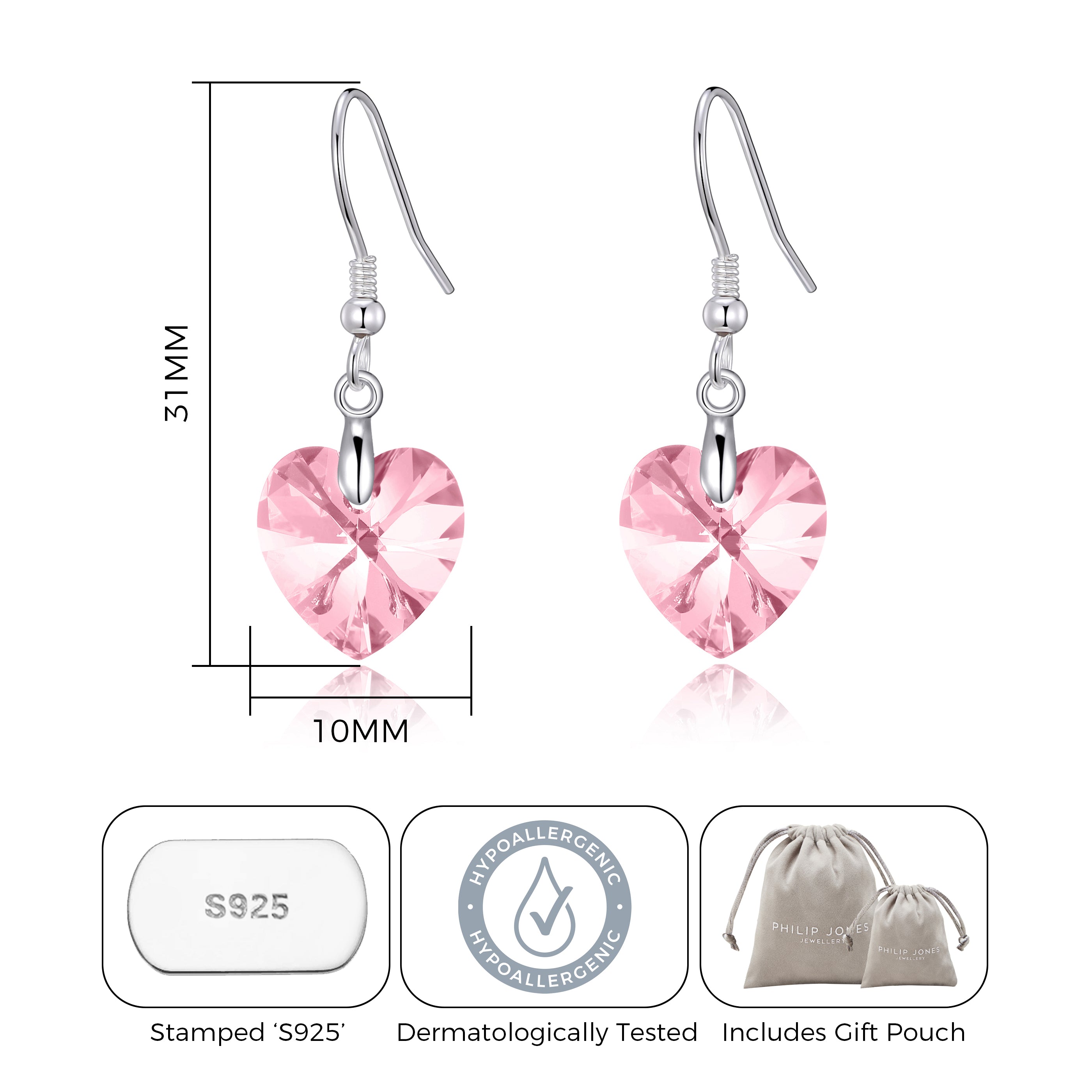 Sterling Silver Light Rose Heart Earrings Created with Zircondia® Crystals