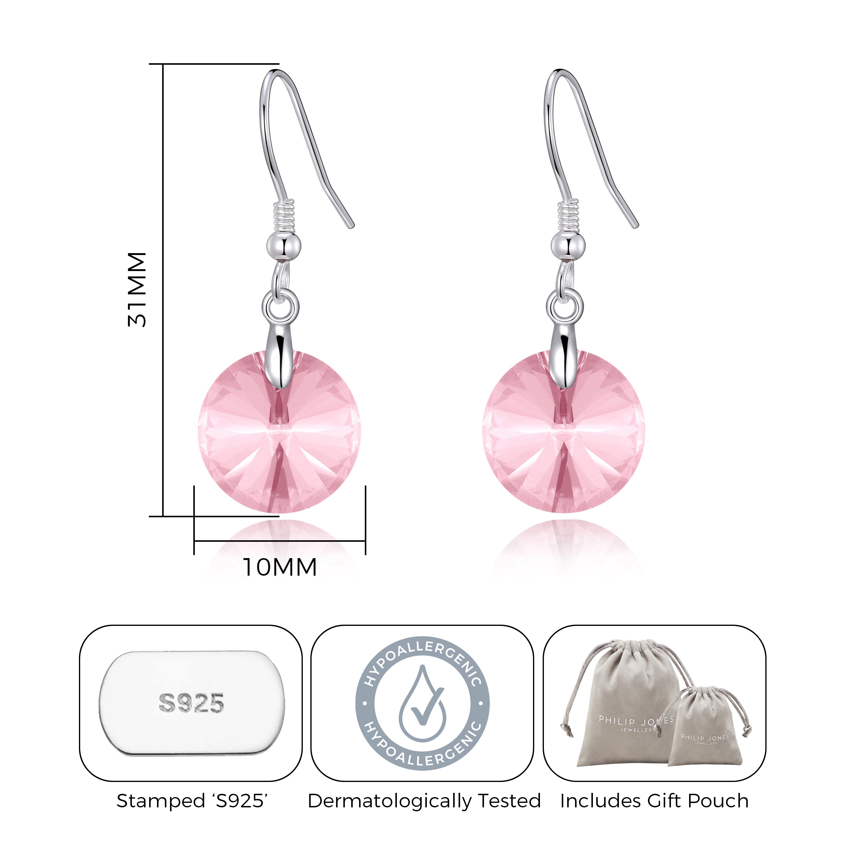 Sterling Silver Light Rose Earrings Created with Zircondia® Crystals