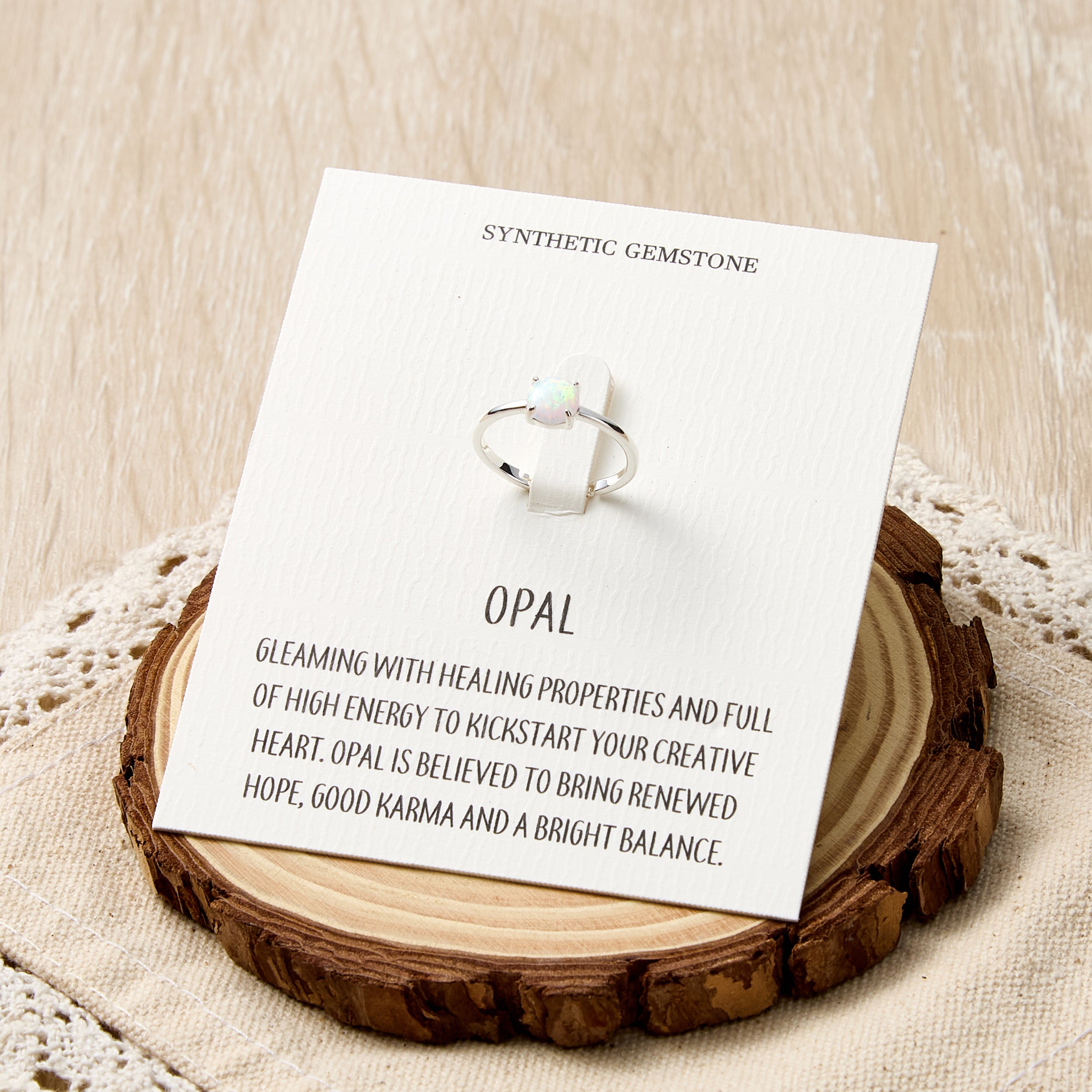 Synthetic White Opal Adjustable Ring with Quote Card