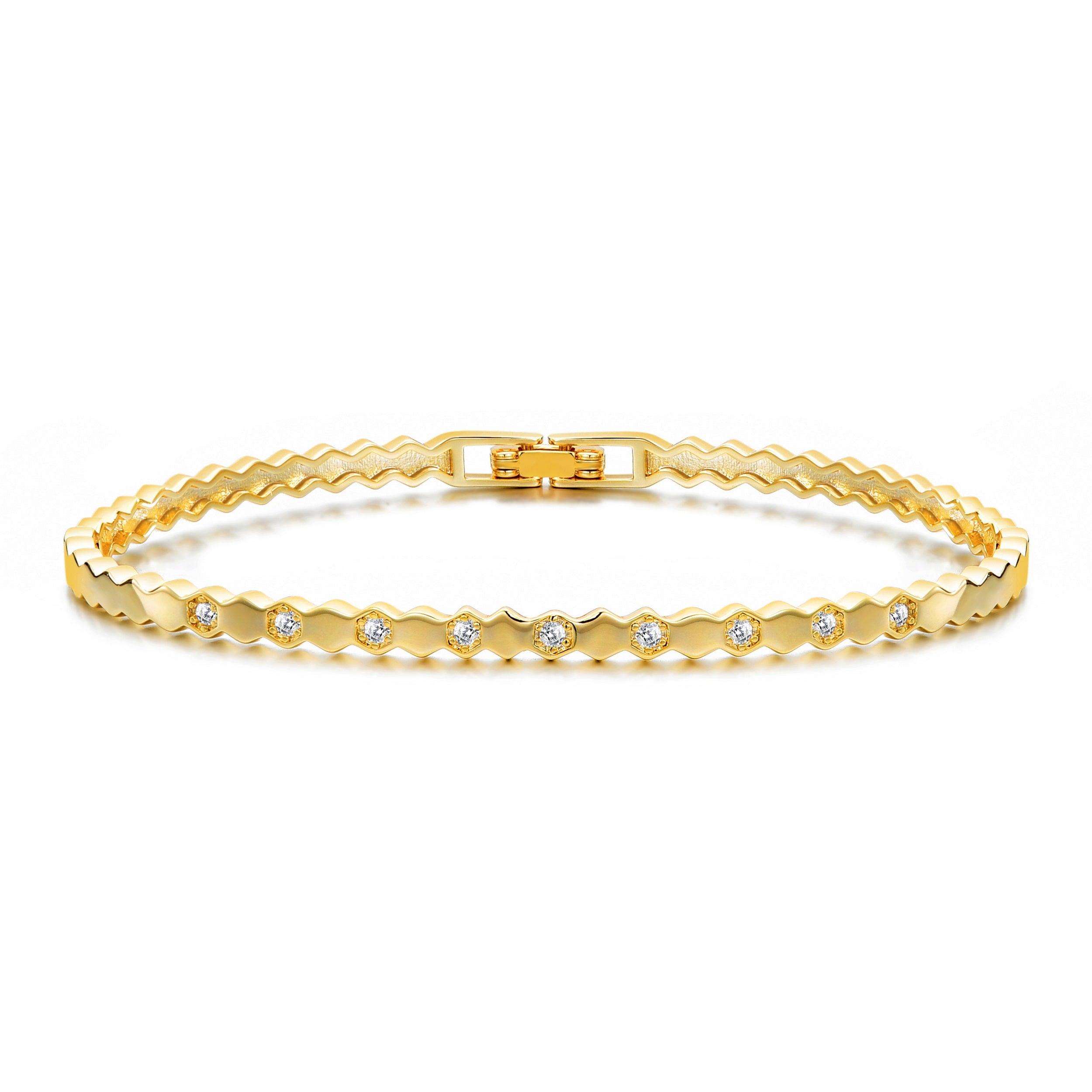 Gold Plated Honeycomb Bangle Created with Zircondia® Crystals (7 Inch)