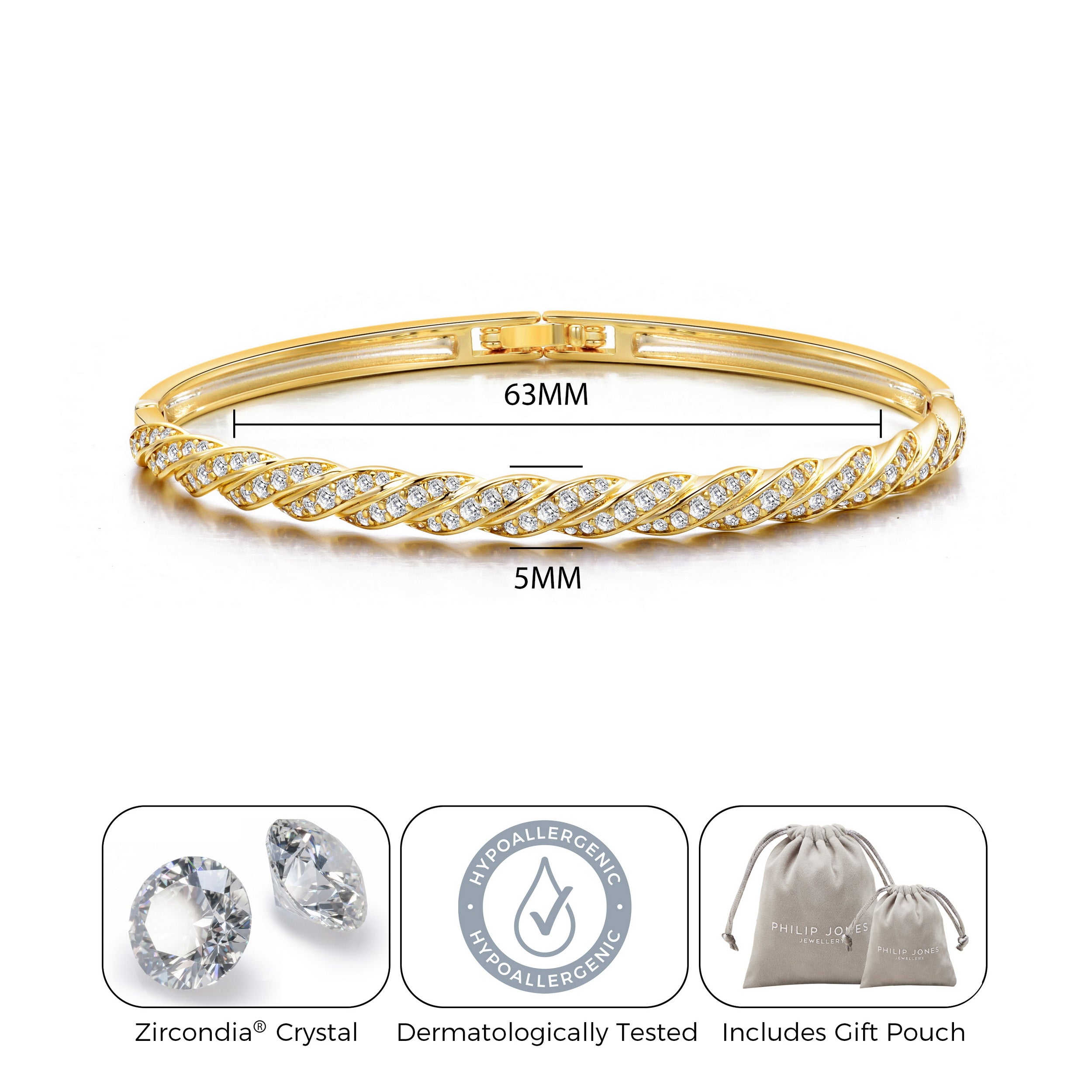 Gold Plated Twist Bangle Created with Zircondia® Crystals (7 Inch)