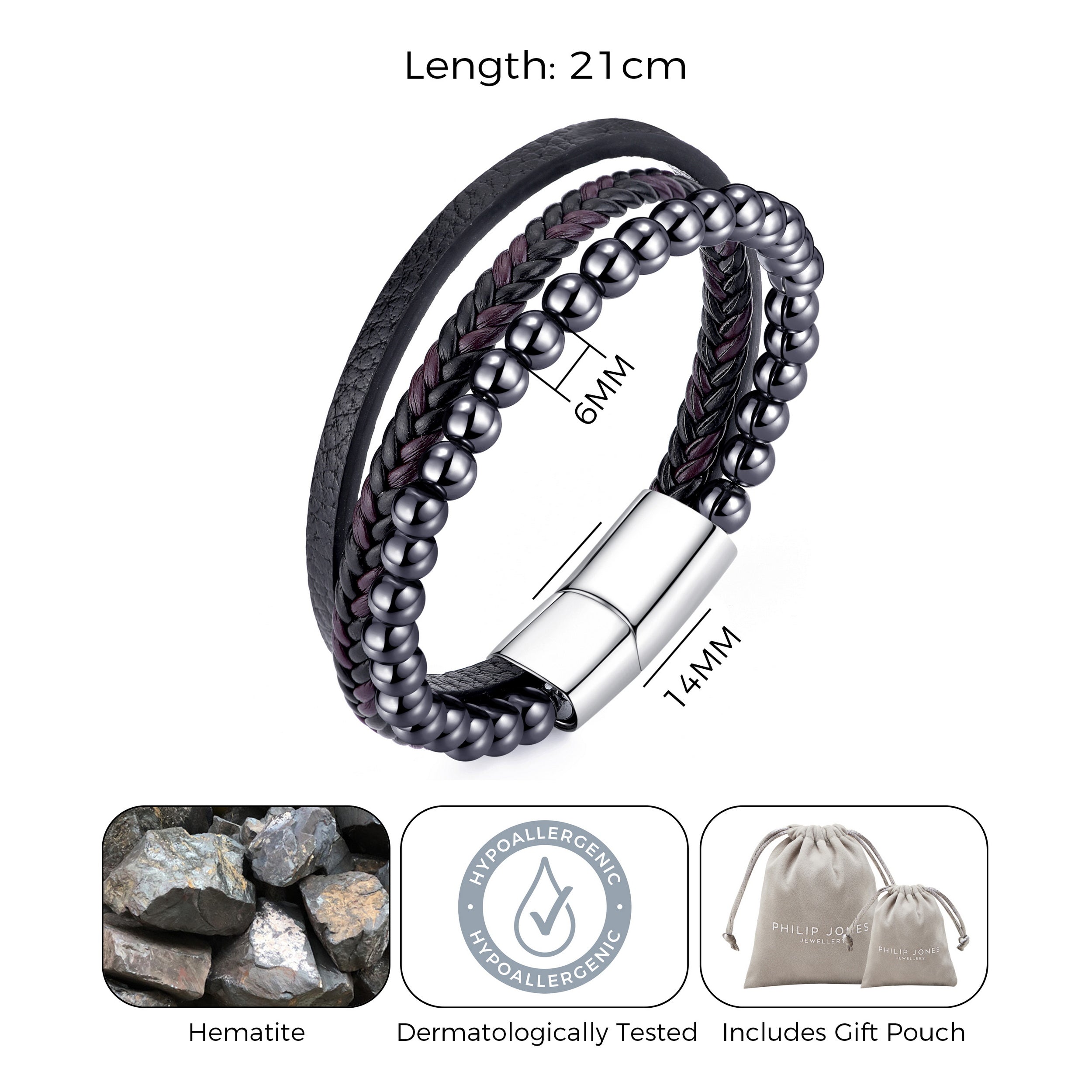 Men's Genuine Leather Hematite Bracelet