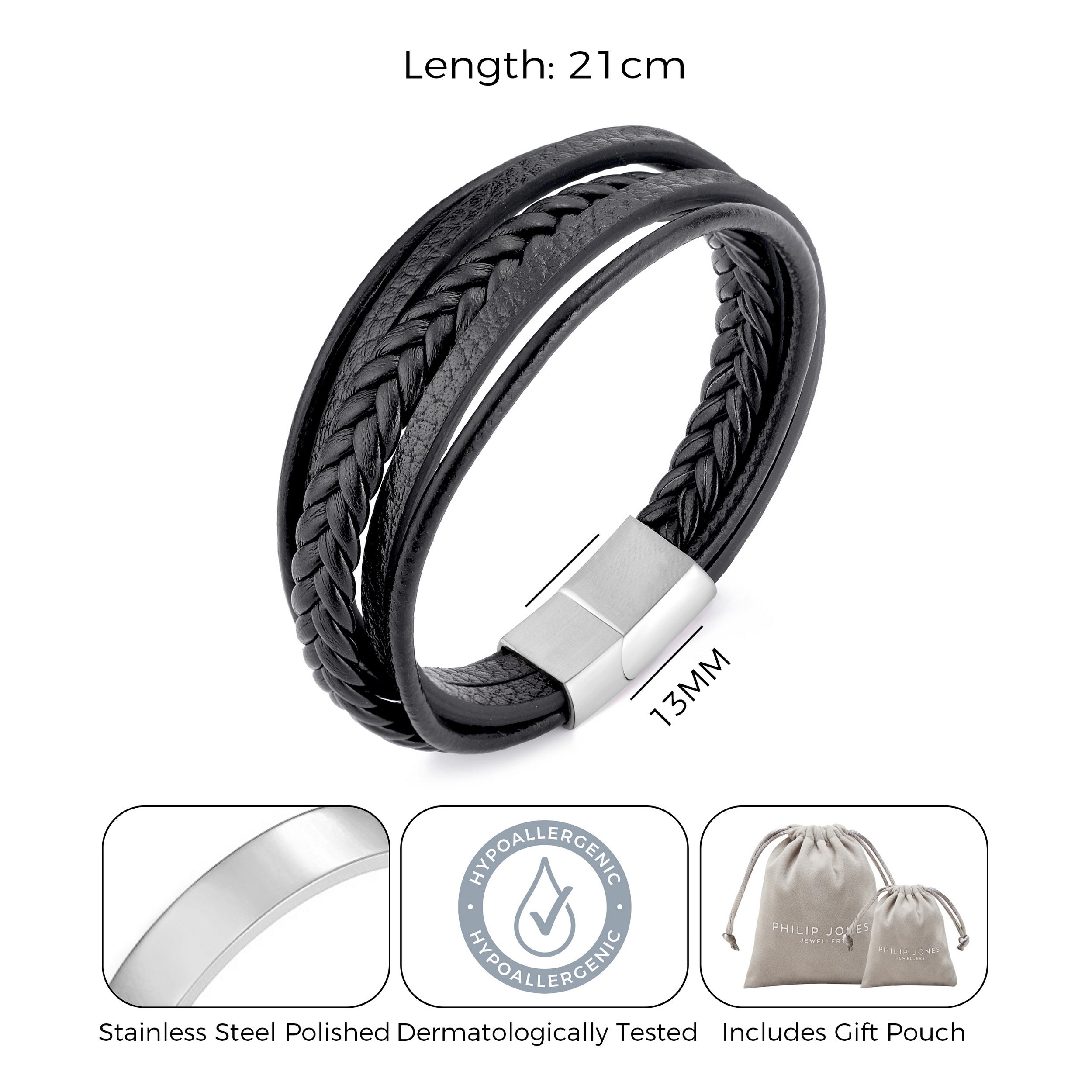 Men's Genuine Black Leather Bracelet with Stainless Steel Clasp