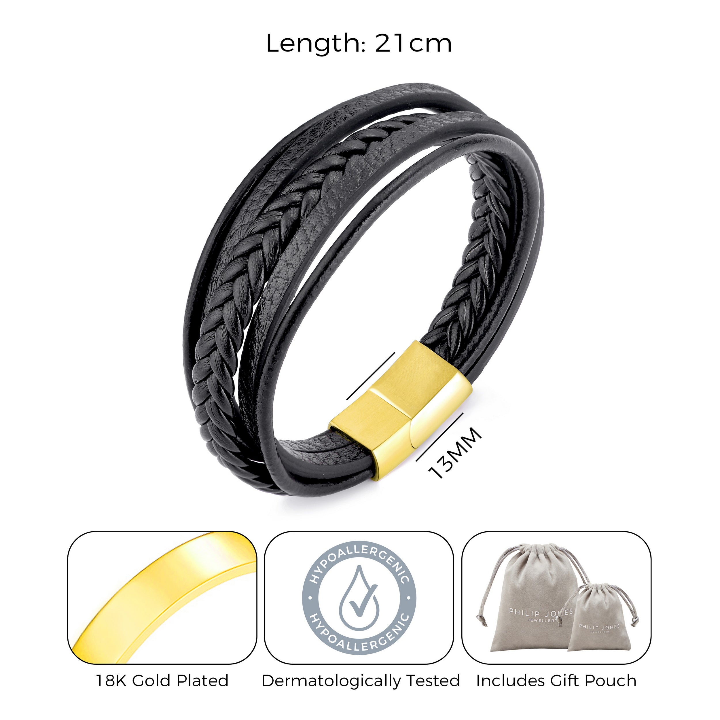 Men's Genuine Black Leather Bracelet with Gold Plated Stainless Steel Clasp