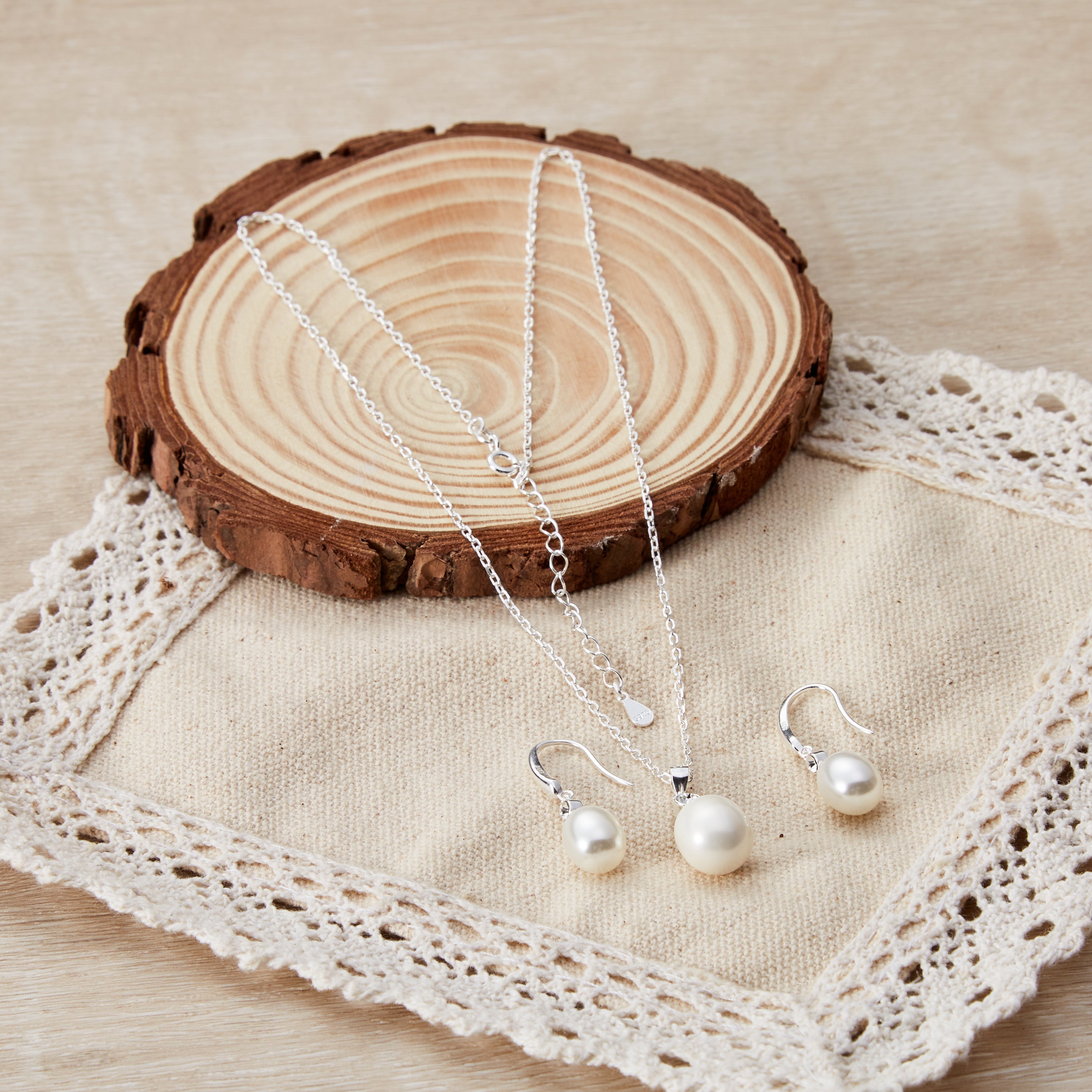 Sterling Silver White Pearl Drop Set Created with Zircondia® Crystals