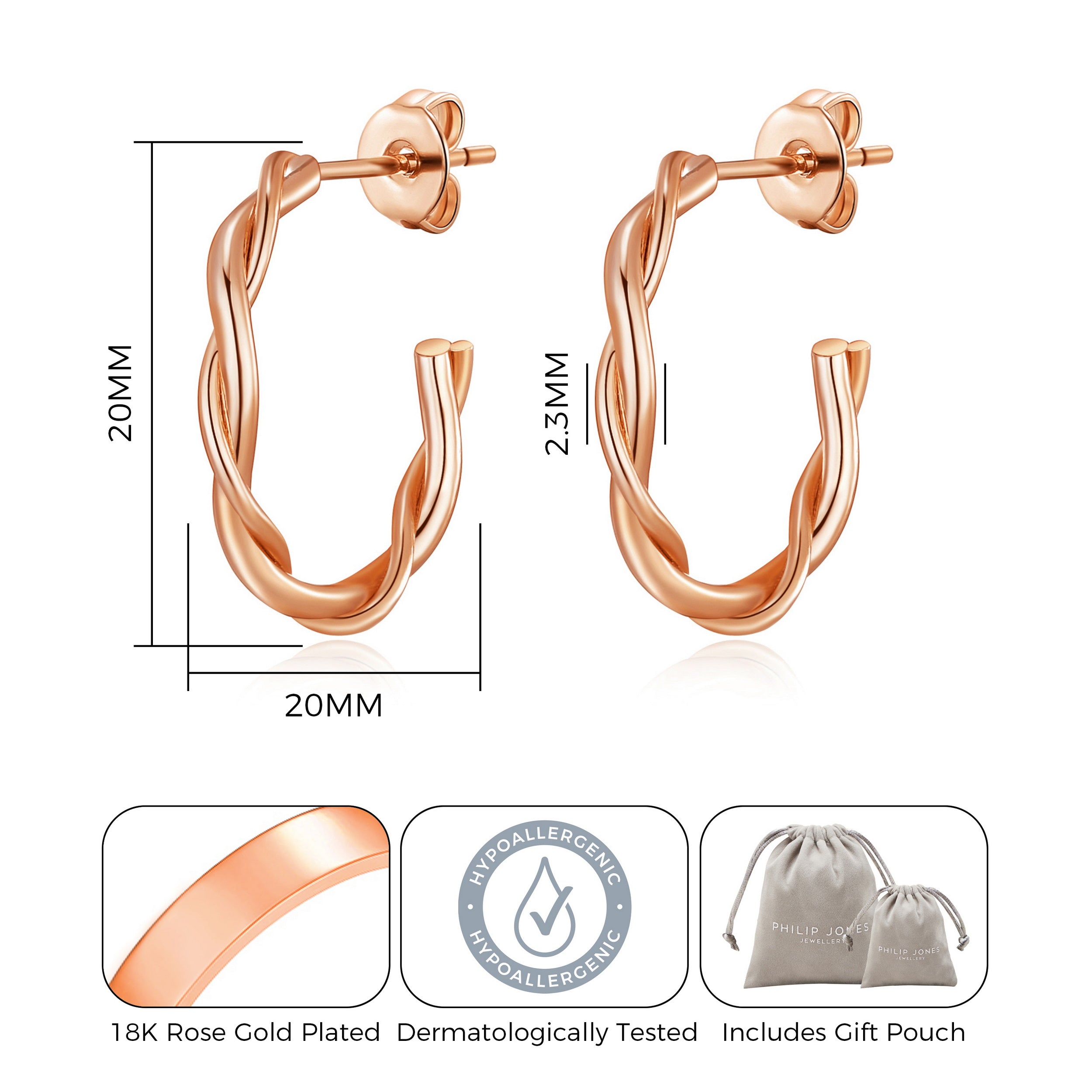 Rose Gold Plated 20mm Twisted Hoop Earrings