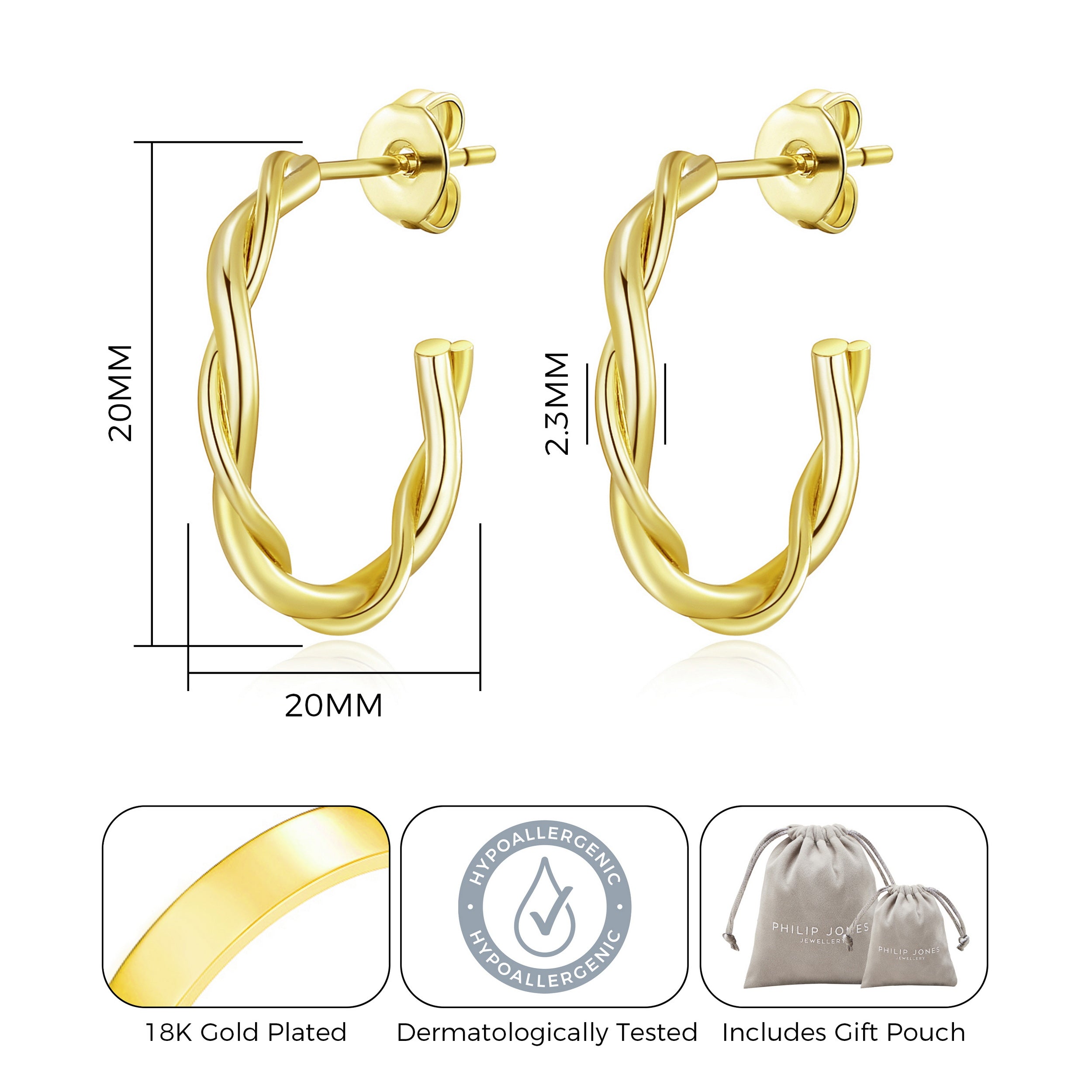 Gold Plated 20mm Twisted Hoop Earrings