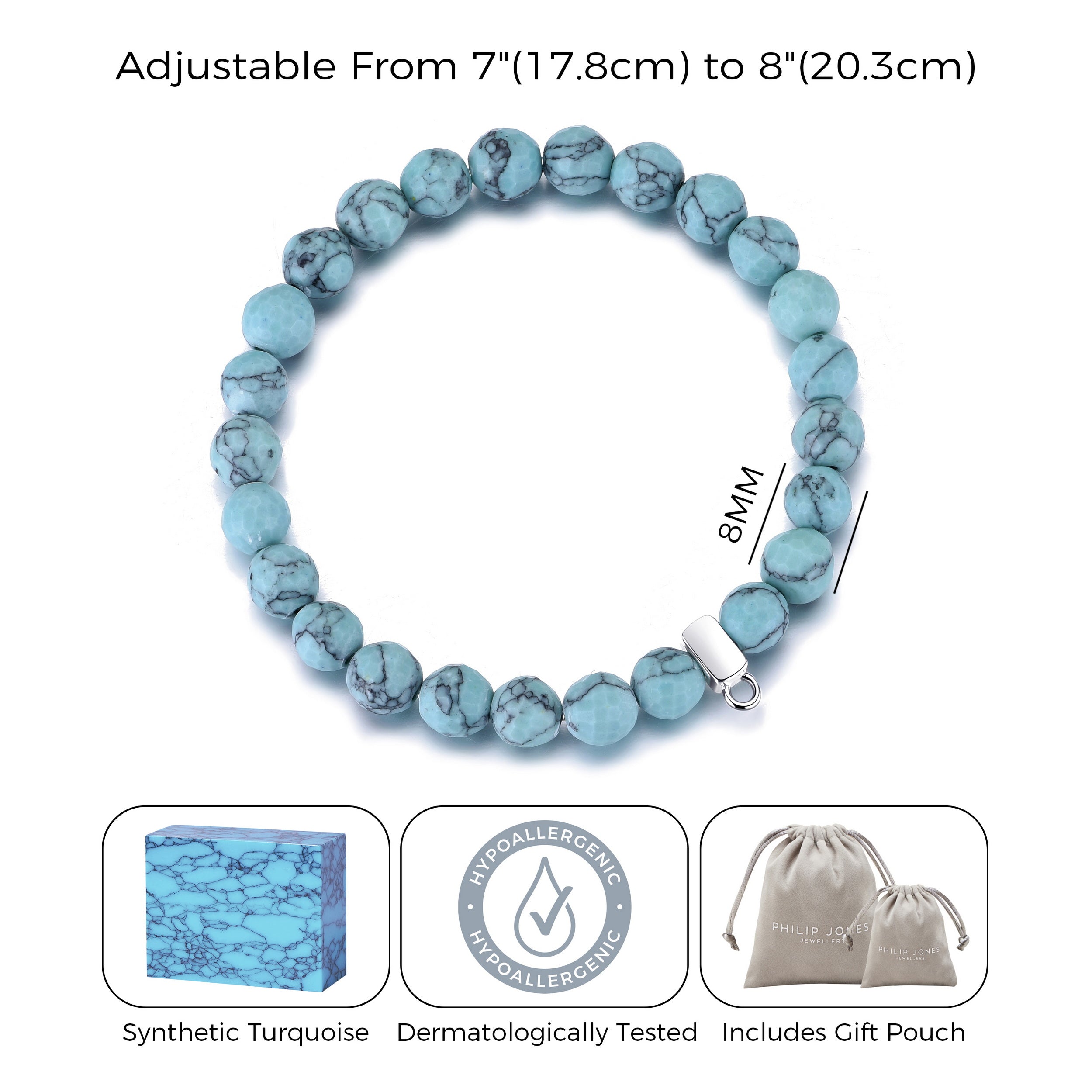 Faceted Synthetic Turquoise Gemstone Stretch Bracelet with Charm Created with Zircondia® Crystals