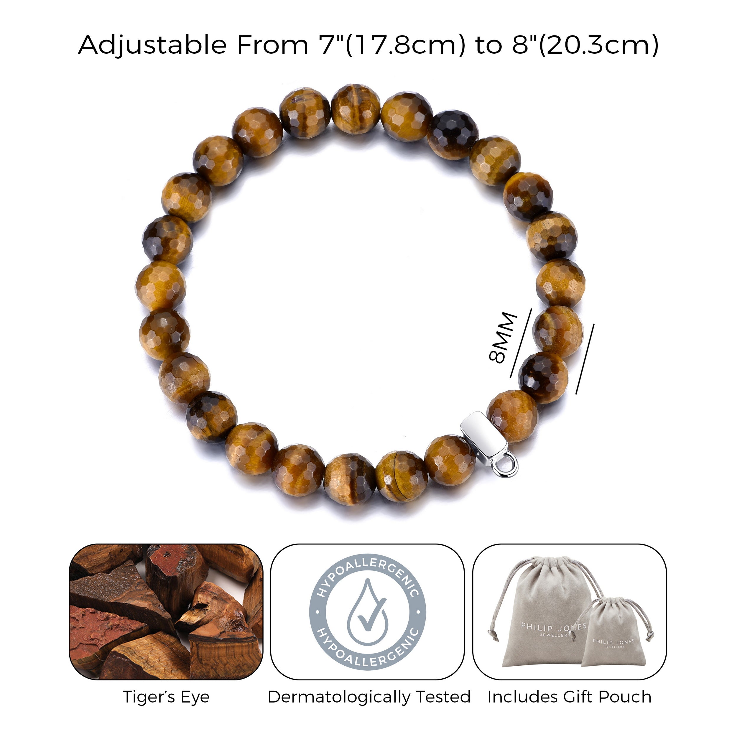 Faceted Tiger's Eye Gemstone Stretch Bracelet with Charm Created with Zircondia® Crystals