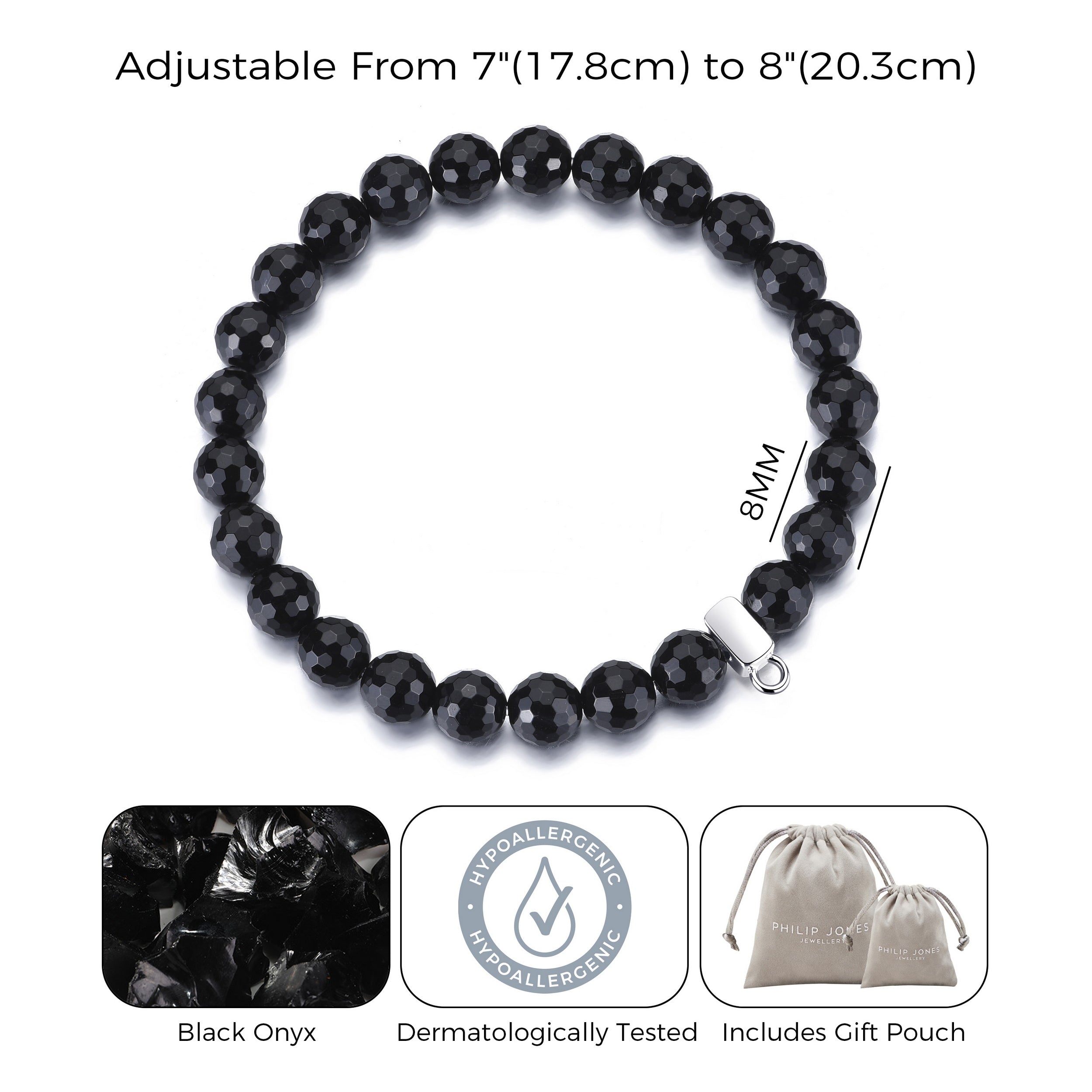 Faceted Black Onyx Gemstone Stretch Bracelet with Charm Created with Zircondia® Crystals