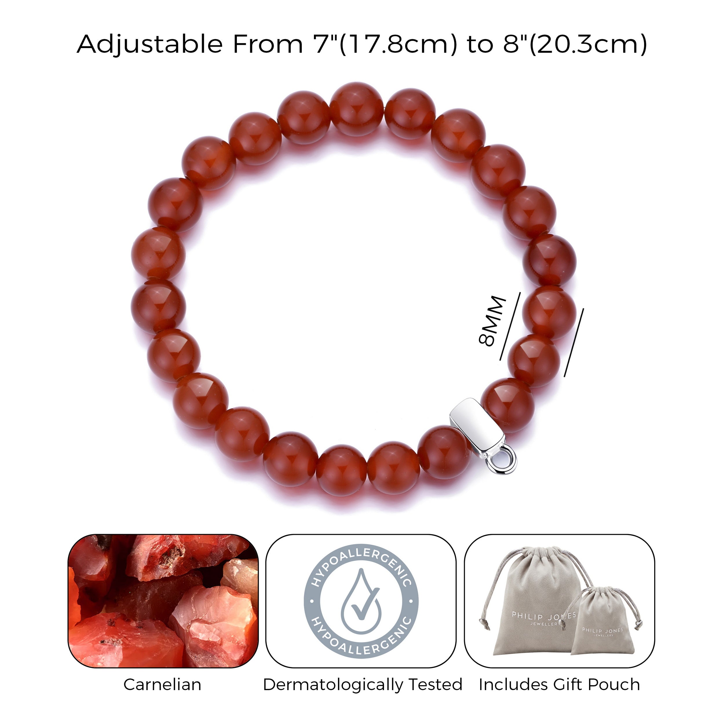 Carnelian Gemstone Stretch Bracelet with Charm Created with Zircondia® Crystals