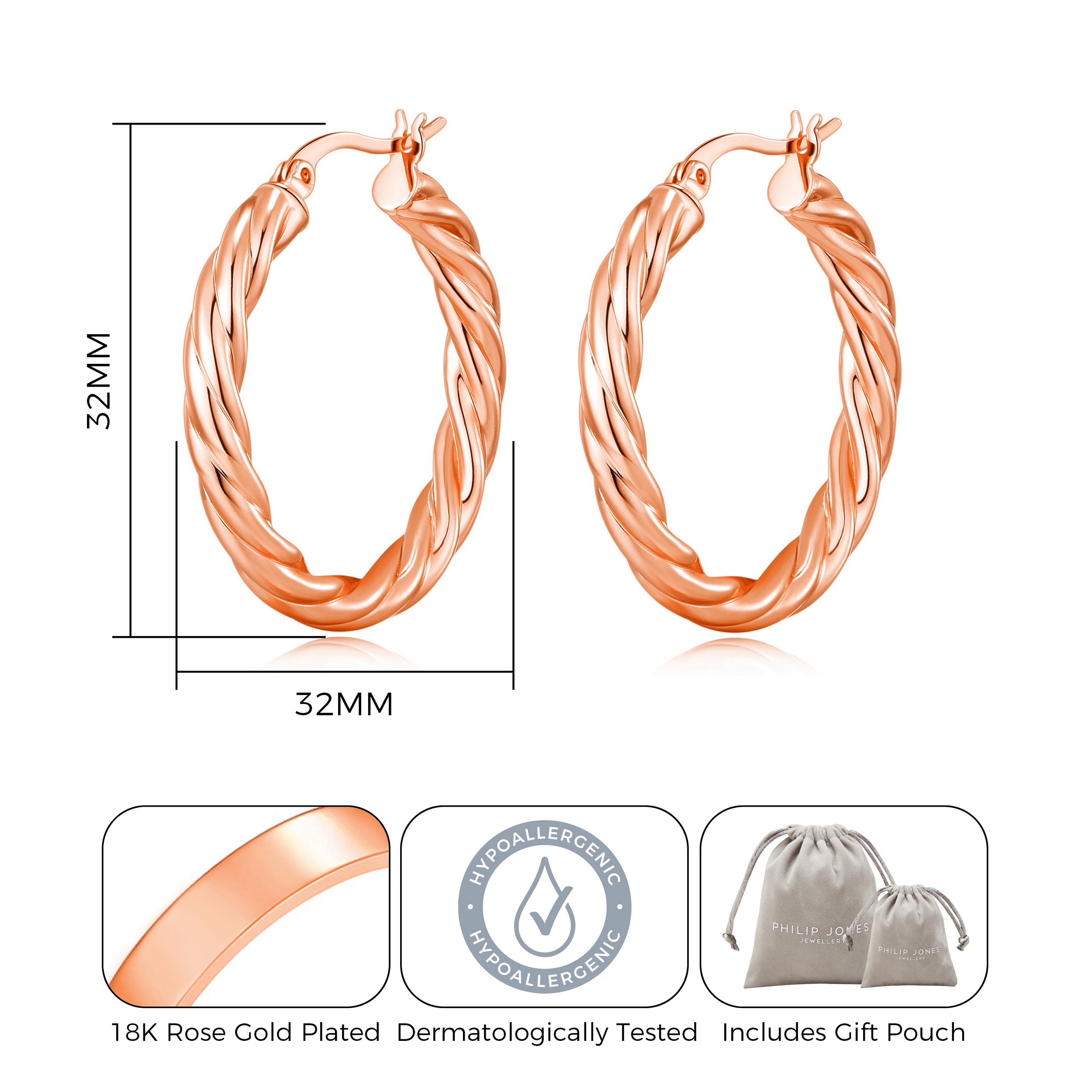 Rose Gold Plated Thick Twisted Hoop Earrings