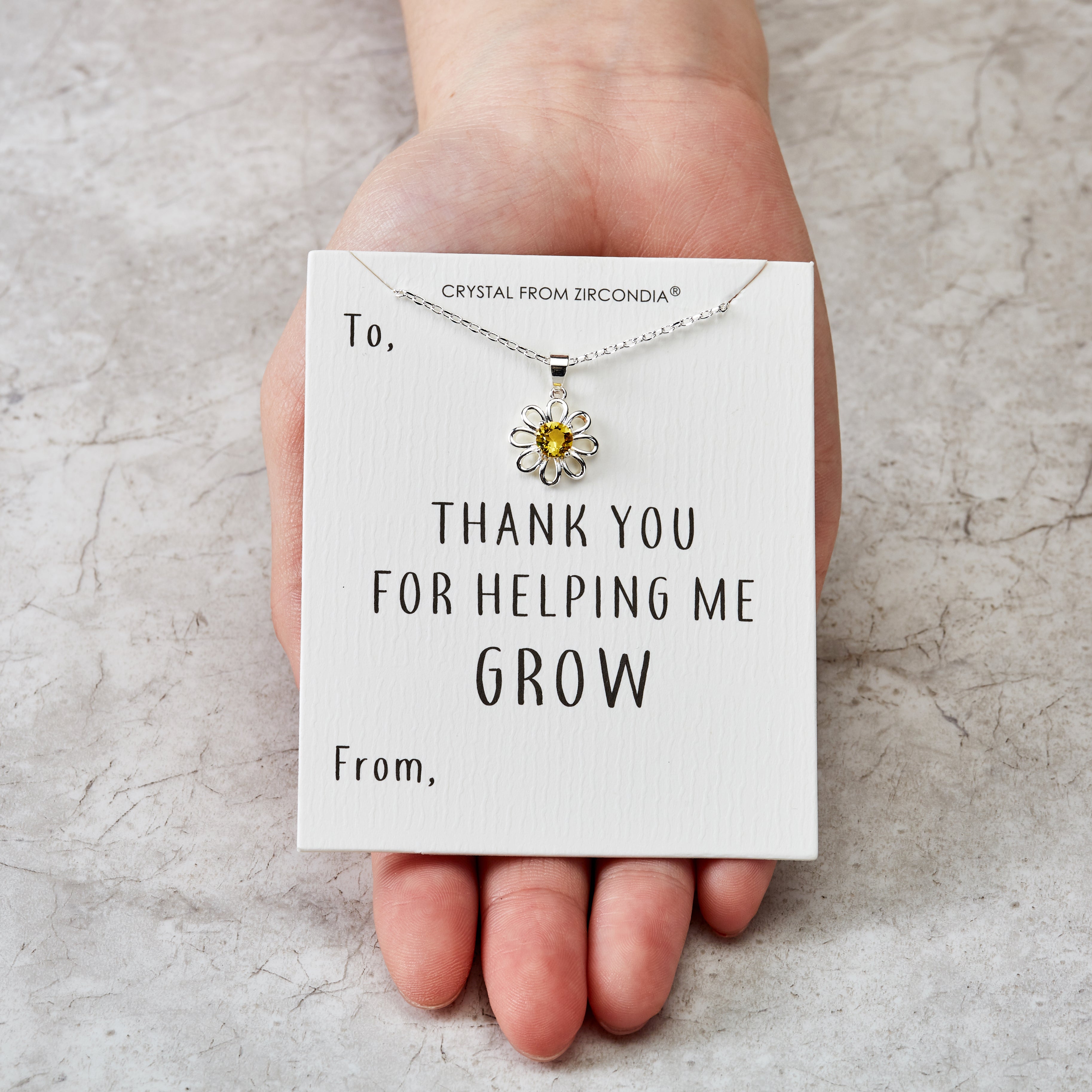 Thank You For Helping Me Grow Daisy Necklace Created with Zircondia® Crystals