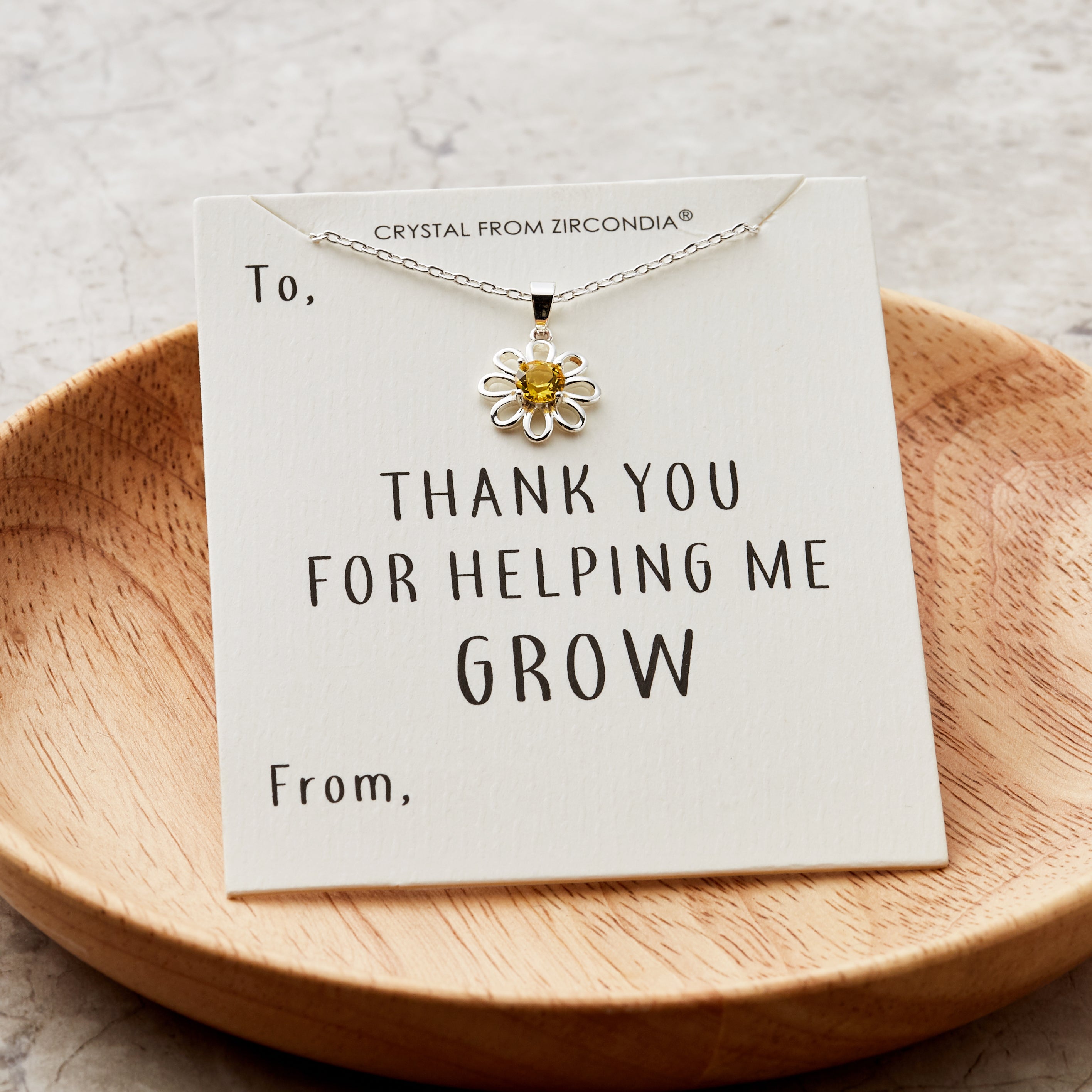 Thank You For Helping Me Grow Daisy Necklace Created with Zircondia® Crystals