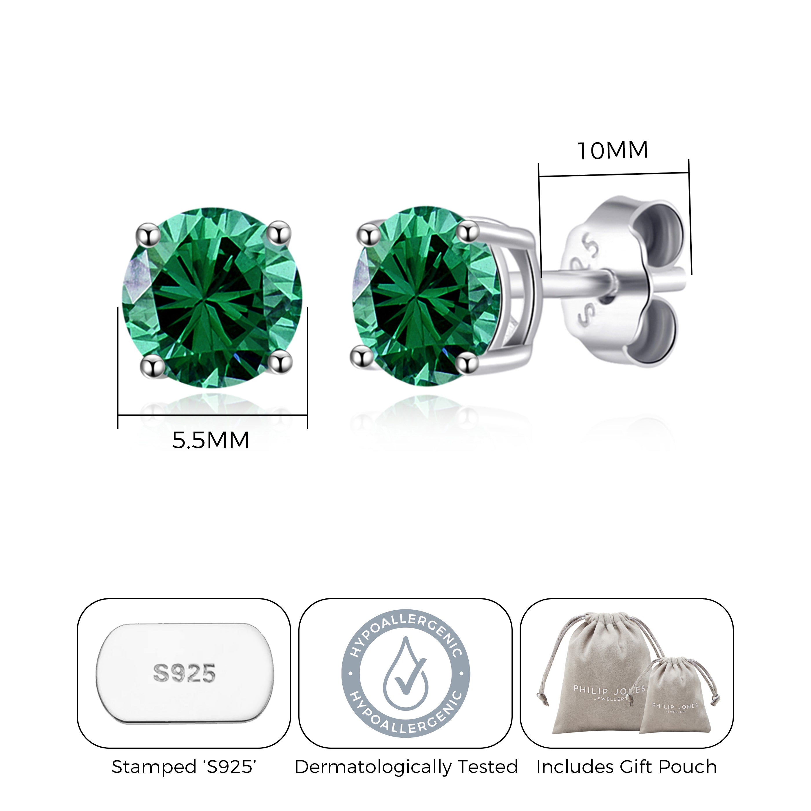 Sterling Silver May (Emerald) Birthstone Earrings Created with Zircondia® Crystals