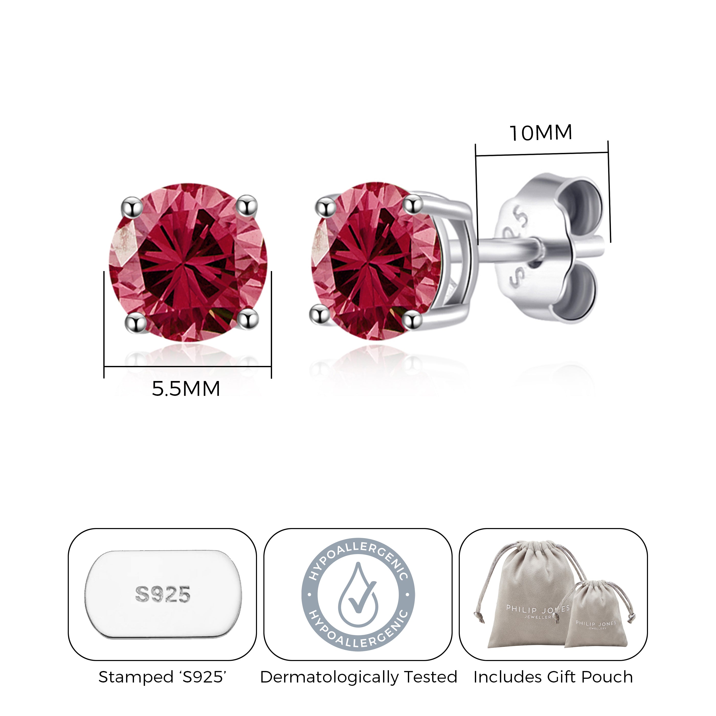 Sterling Silver July (Ruby) Birthstone Earrings Created with Zircondia® Crystals