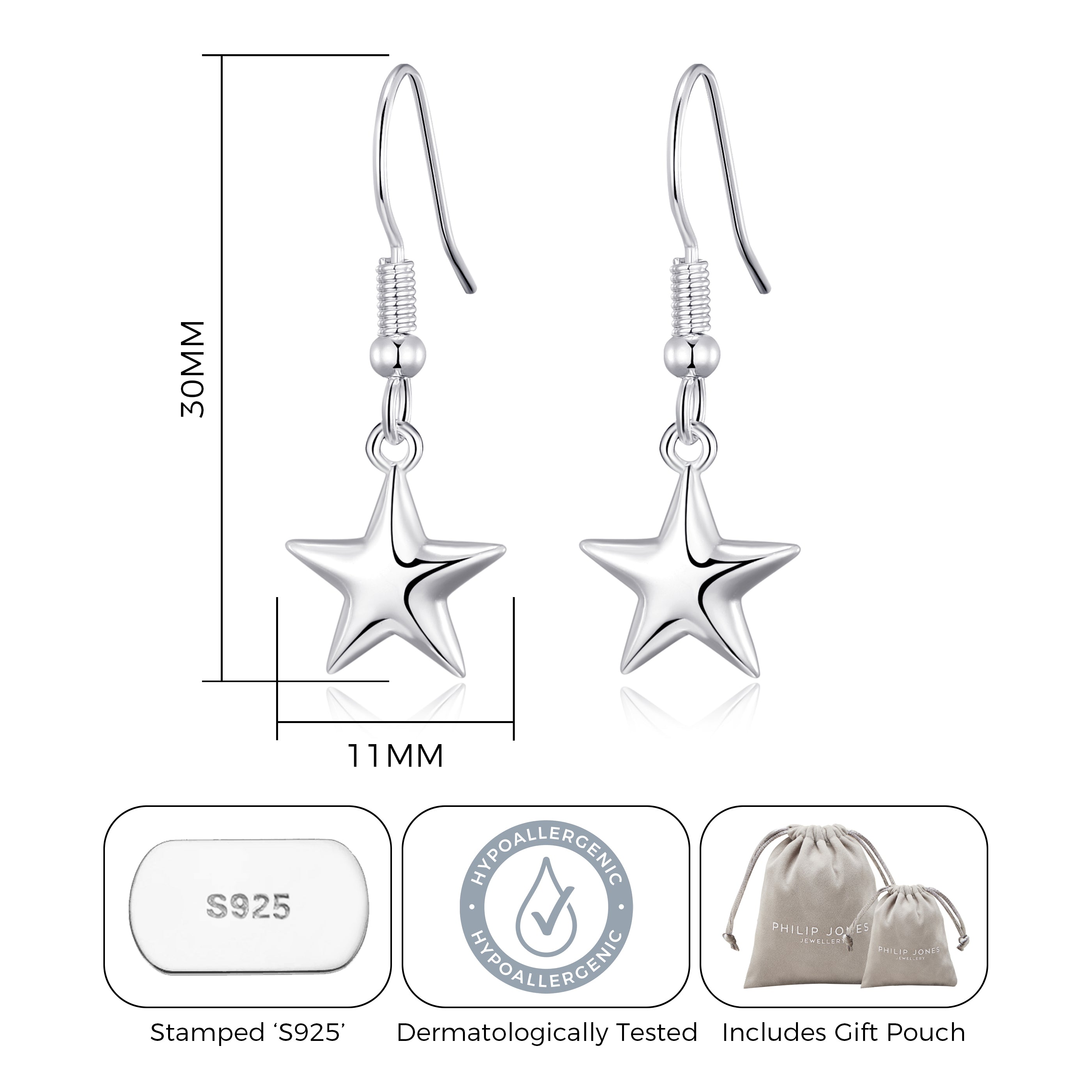 Sterling Silver Star Drop Earrings