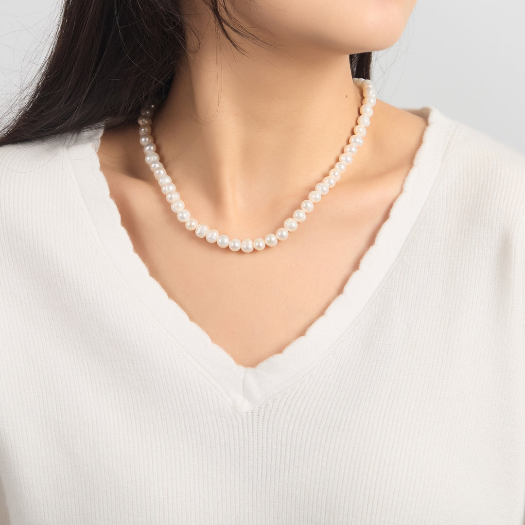 Sterling Silver White Freshwater Pearl Strand Choker Necklace