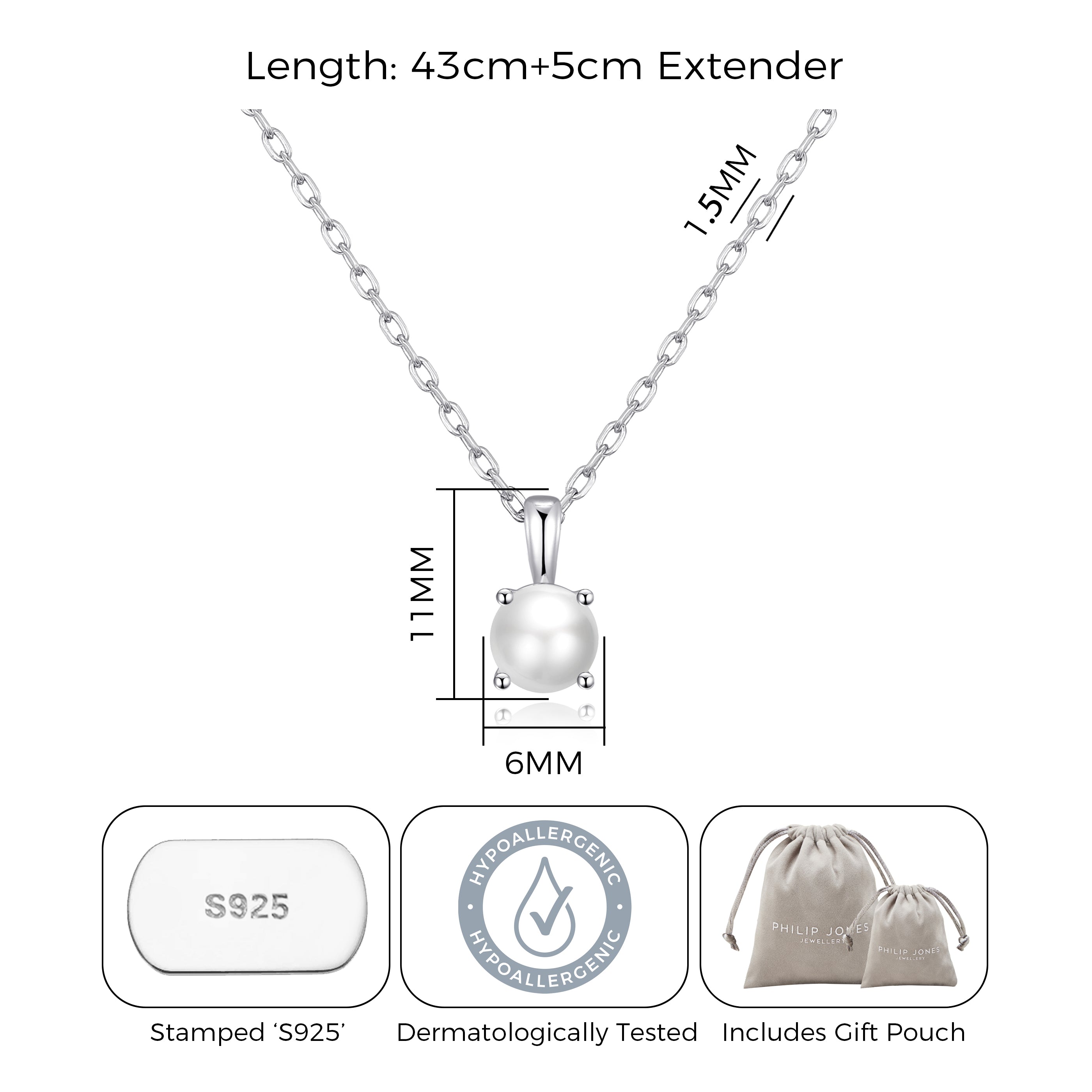Sterling Silver June (Pearl) Birthstone Necklace Created with Gemstones from Zircondia®