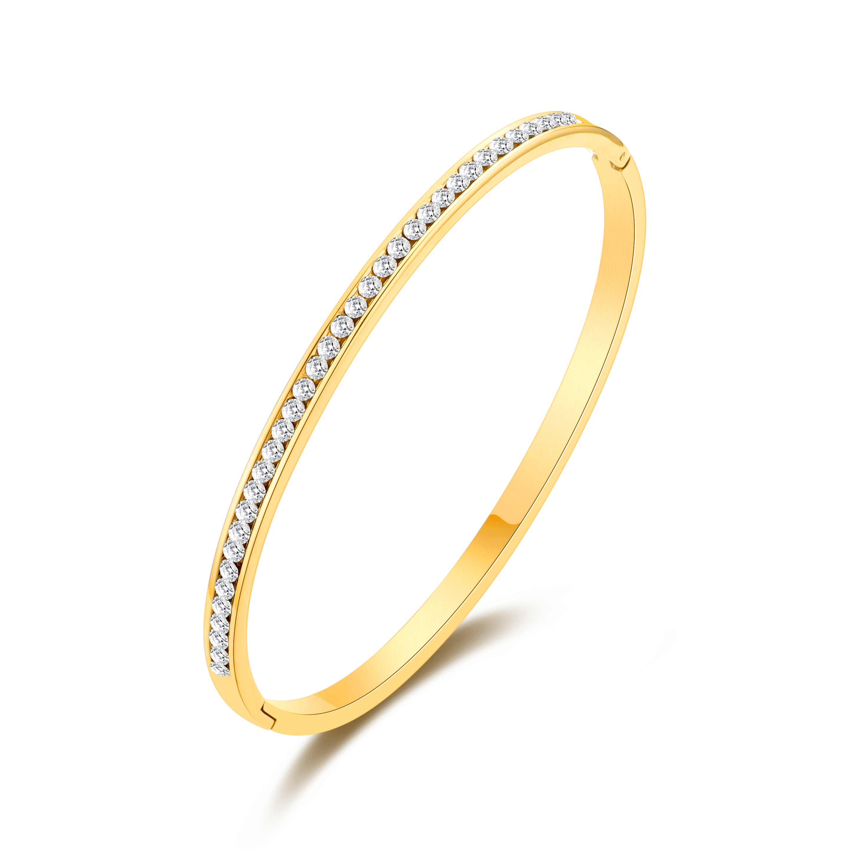 Gold Plated Channel Set Bangle Created with Zircondia® Crystals by Philip Jones Jewellery