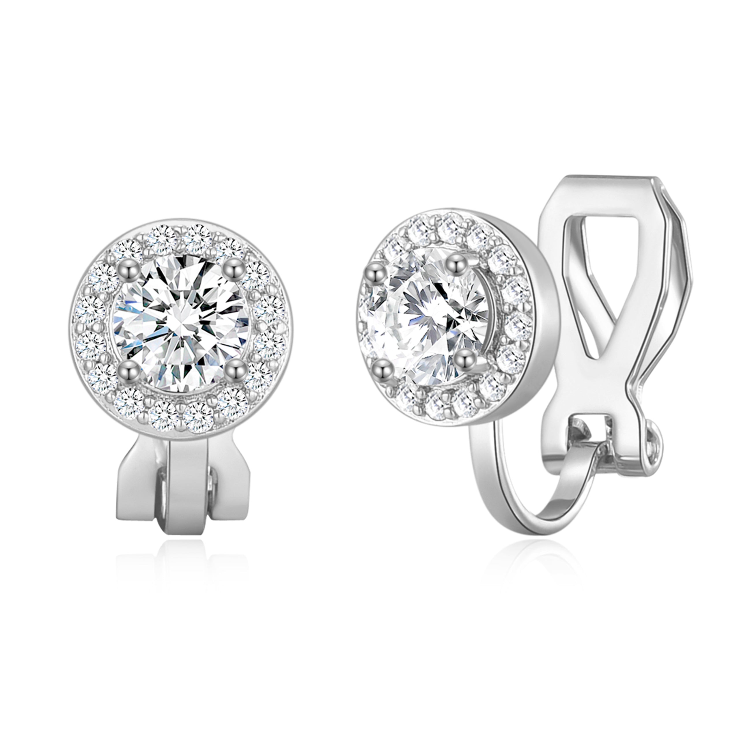 Silver Plated Round Halo Clip On Earrings Created with Zircondia® Crystals