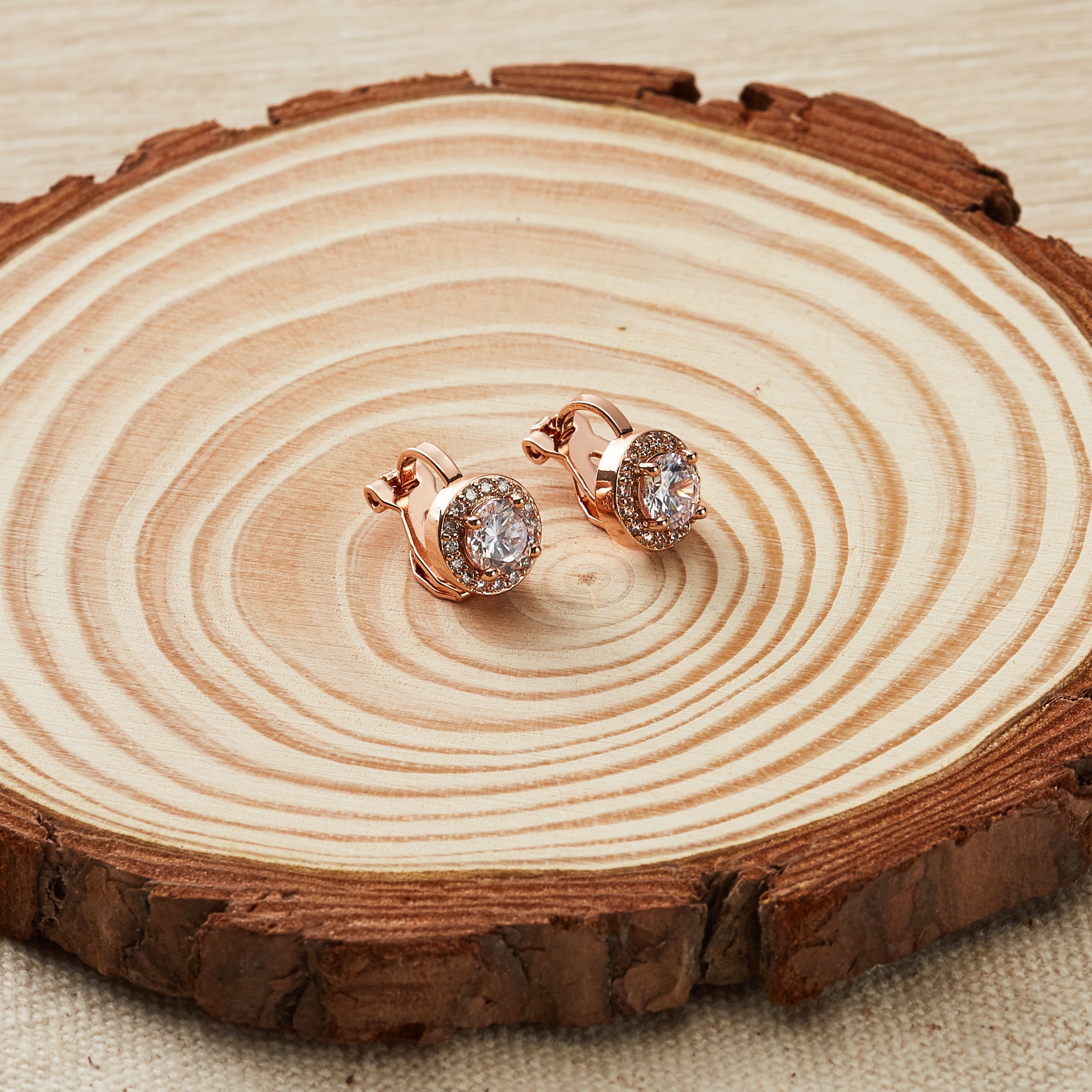 Rose Gold Plated Round Halo Clip On Earrings Created with Zircondia® Crystals