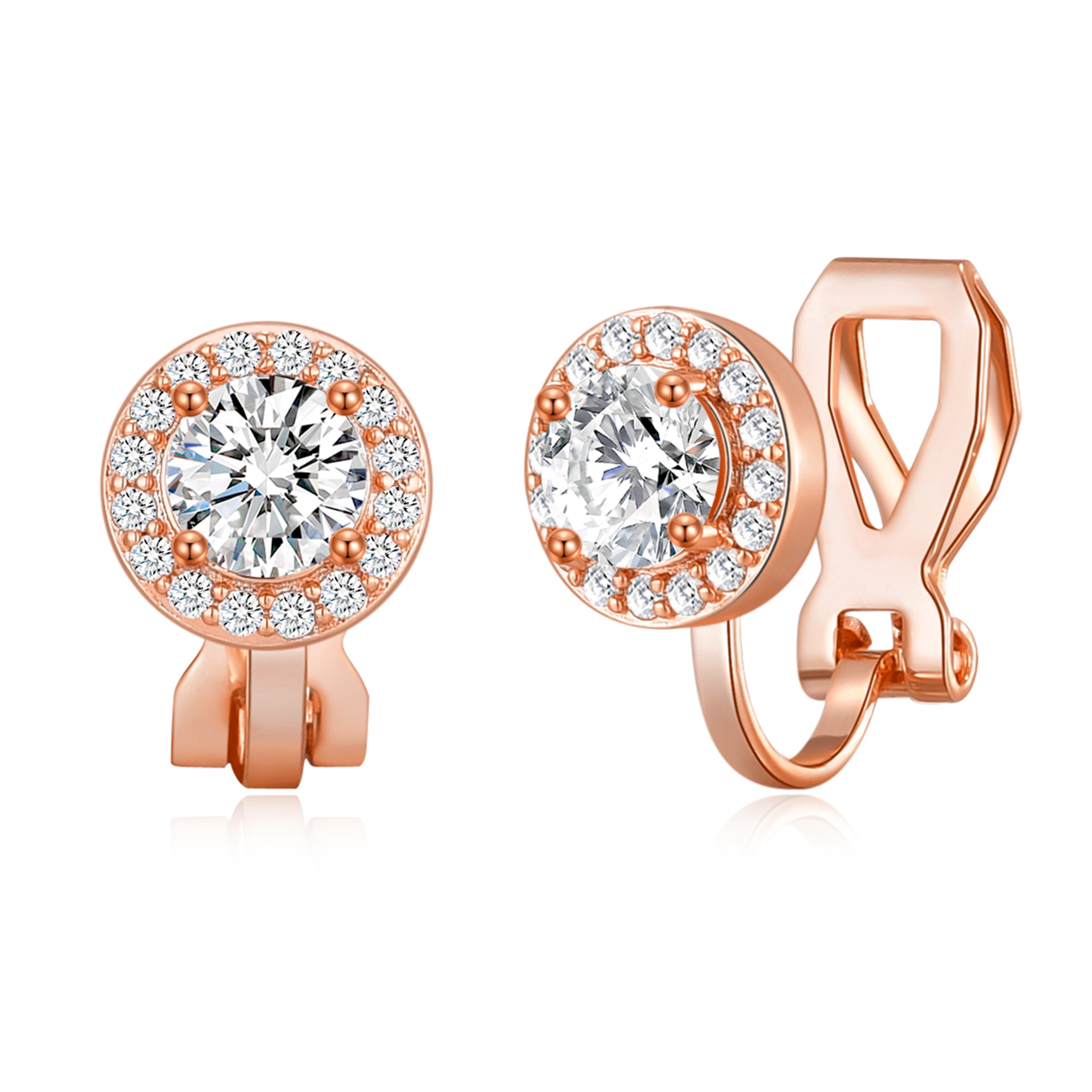 Rose Gold Plated Round Halo Clip On Earrings Created with Zircondia® Crystals by Philip Jones Jewellery