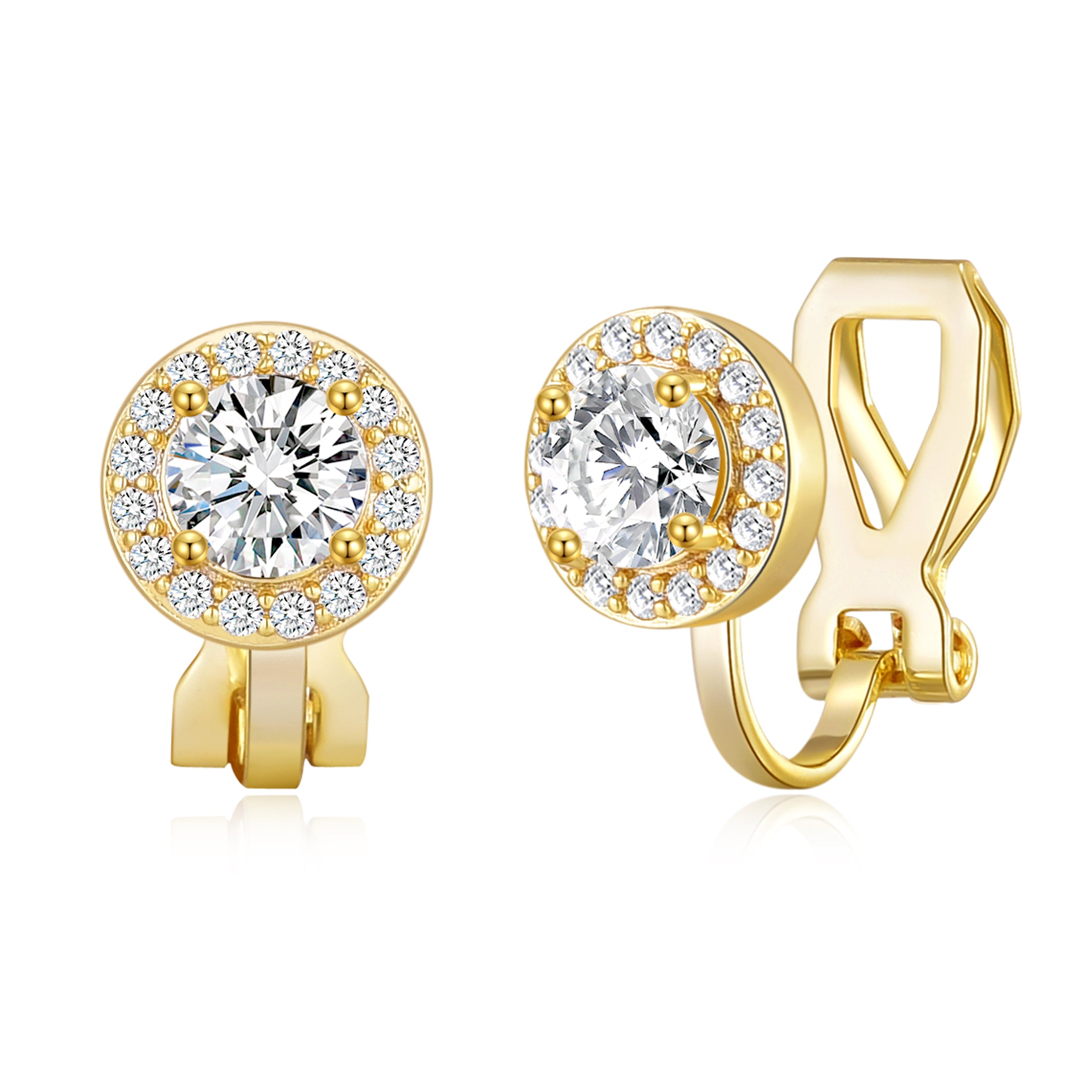Gold Plated Round Halo Clip On Earrings Created with Zircondia® Crystals by Philip Jones Jewellery