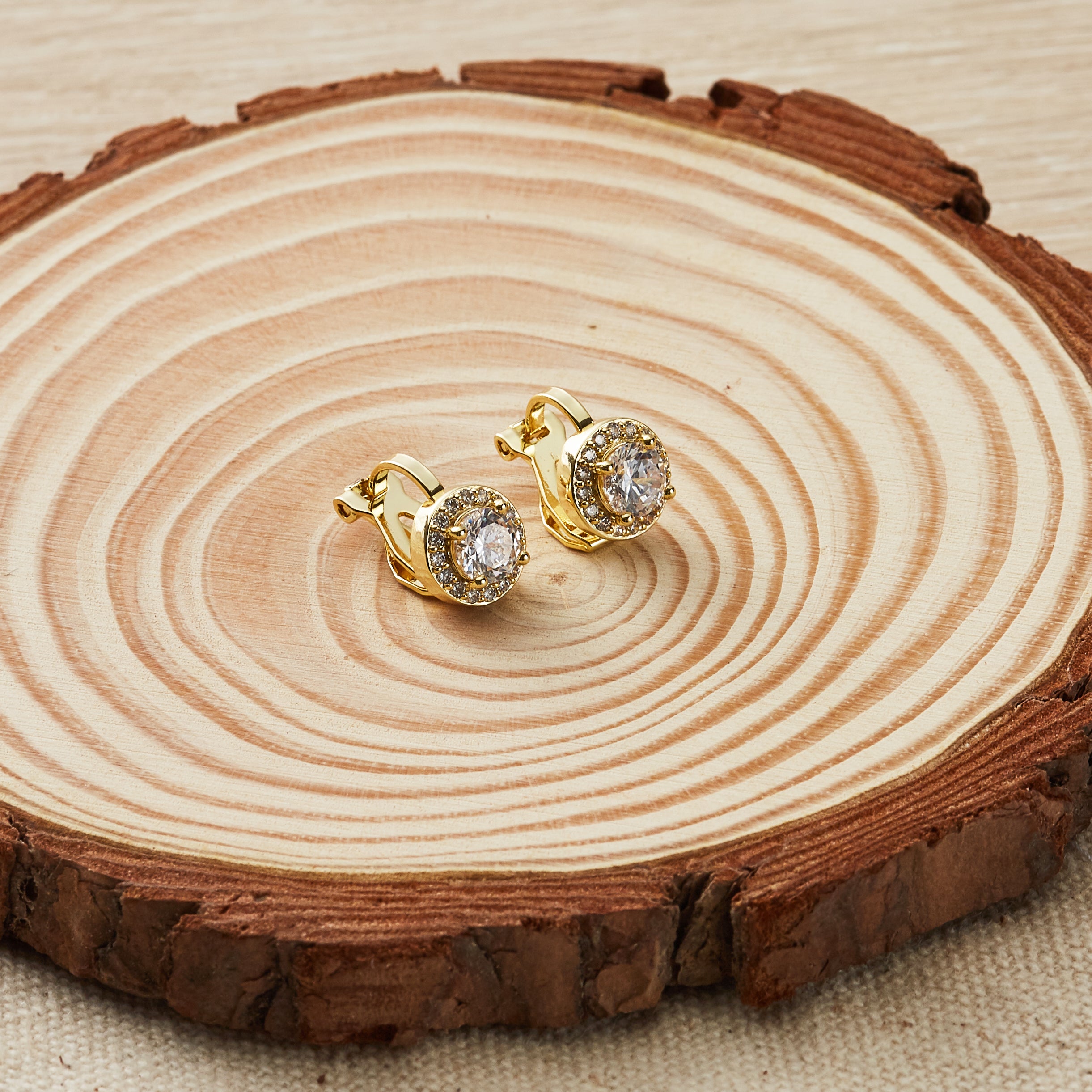 Gold Plated Round Halo Clip On Earrings Created with Zircondia® Crystals