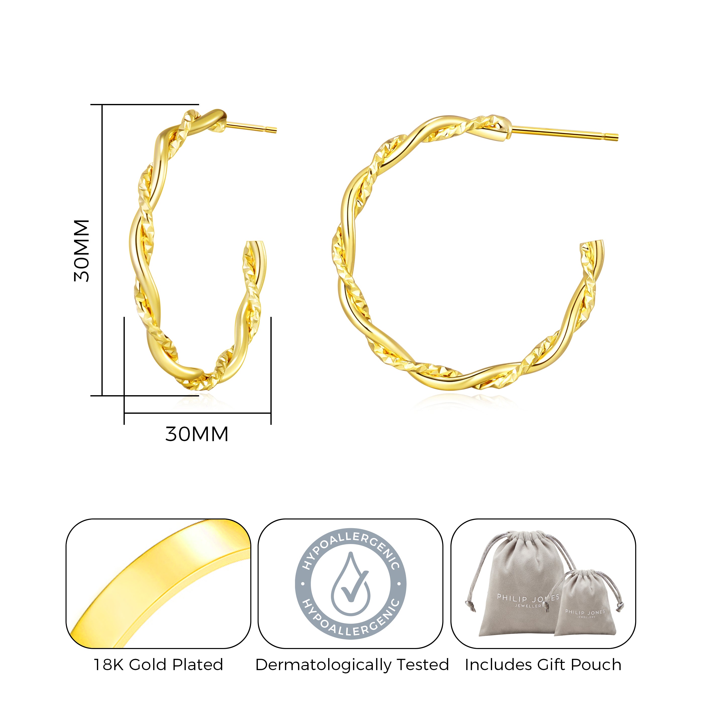 Gold Plated 30mm Twisted Diamond Cut Hoop Earrings
